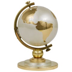 Vintage 1950s Mid-Century World Globe Brass Table Alarm Clock by Europe, Germany, 1950s