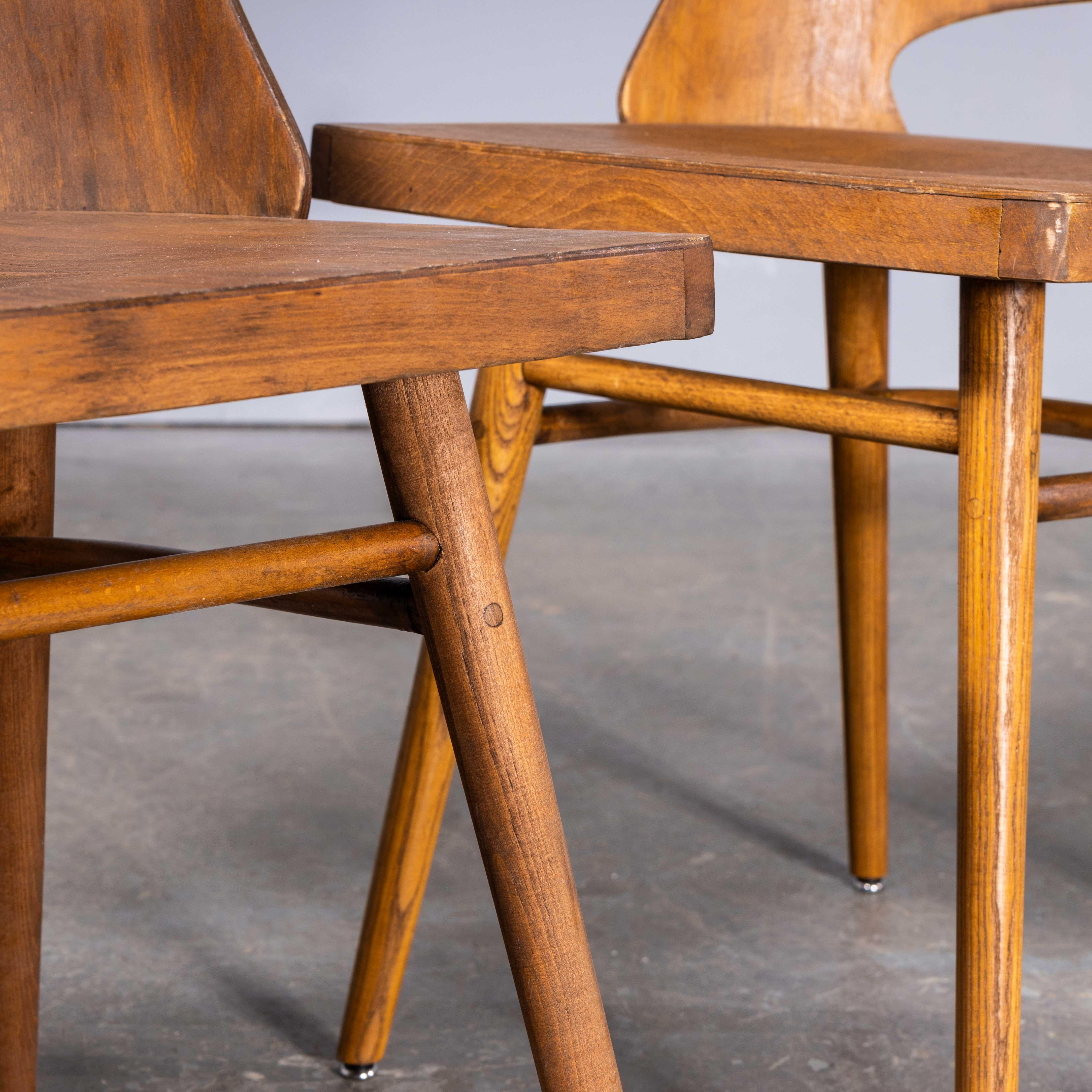 1950’s Mid Oak Dining Chairs By Radomir Hoffman For Ton – Pair
1950’s Mid Oak Dining Chairs By Radomir Hoffman For Ton -Pair. These chairs were produced by the famous Czech firm Ton, still trading today and producing beautiful chairs, they are an