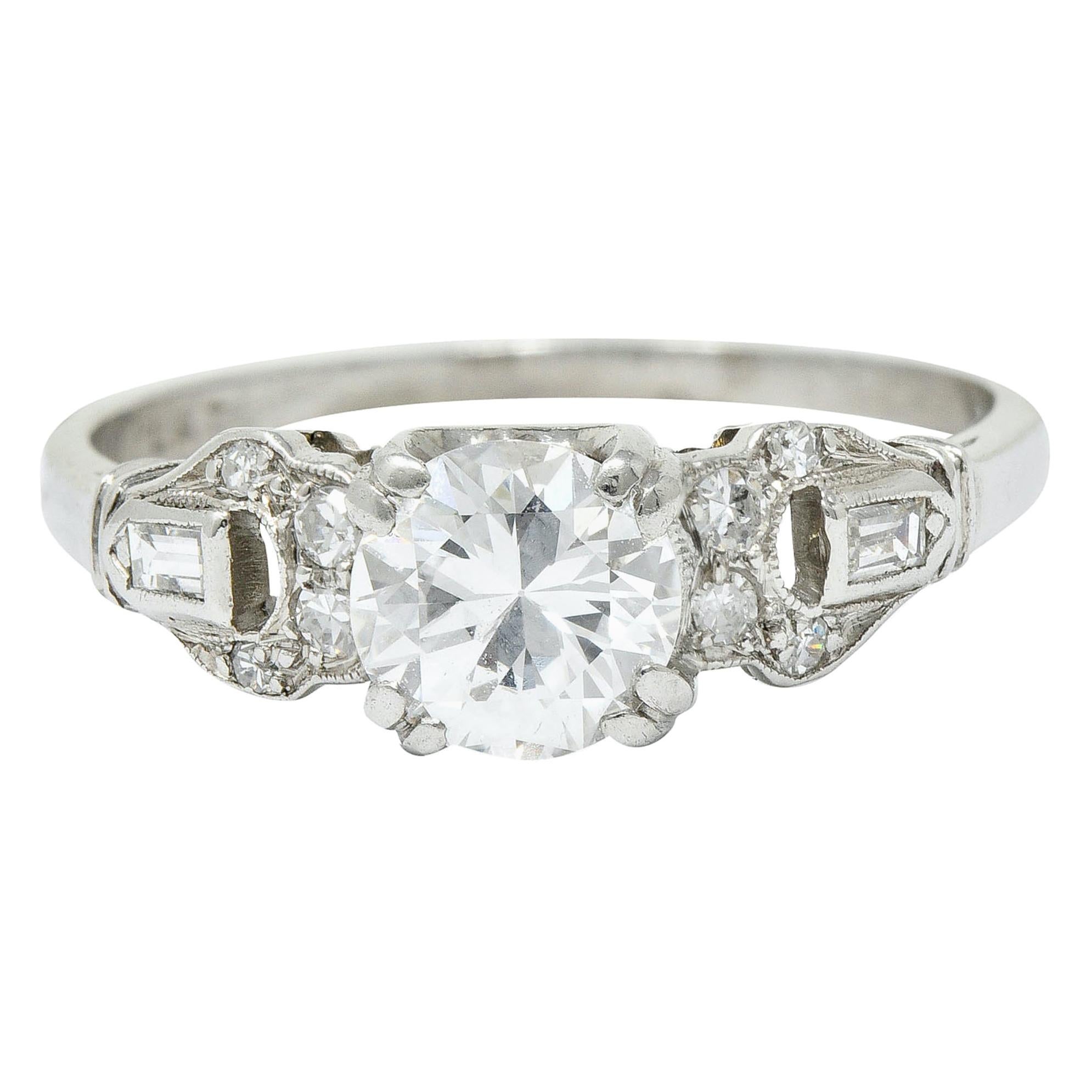 1950s Midcentury 0.89 Carat Diamond Platinum Buckle Engagement Ring