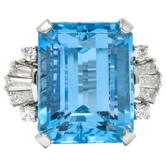 1950s Midcentury 15.40 Carat Aquamarine Diamond Platinum Cocktail Ring