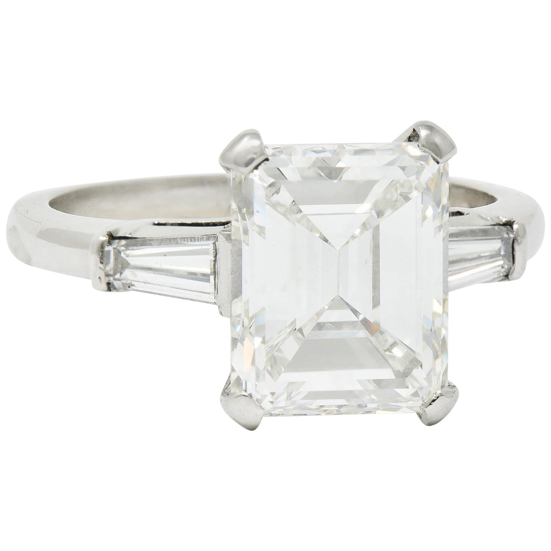 1950s Midcentury 4.12 Carat Diamond Platinum Three-Stone Ring GIA For Sale
