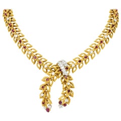 1950s Midcentury 8.91 Carat Diamond Ruby Platinum 18 Karat Gold Link Necklace