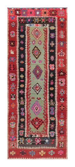 1950s Midcentury Anatolian Rug Red Green Used Tribal Runner by Rug & Kilim