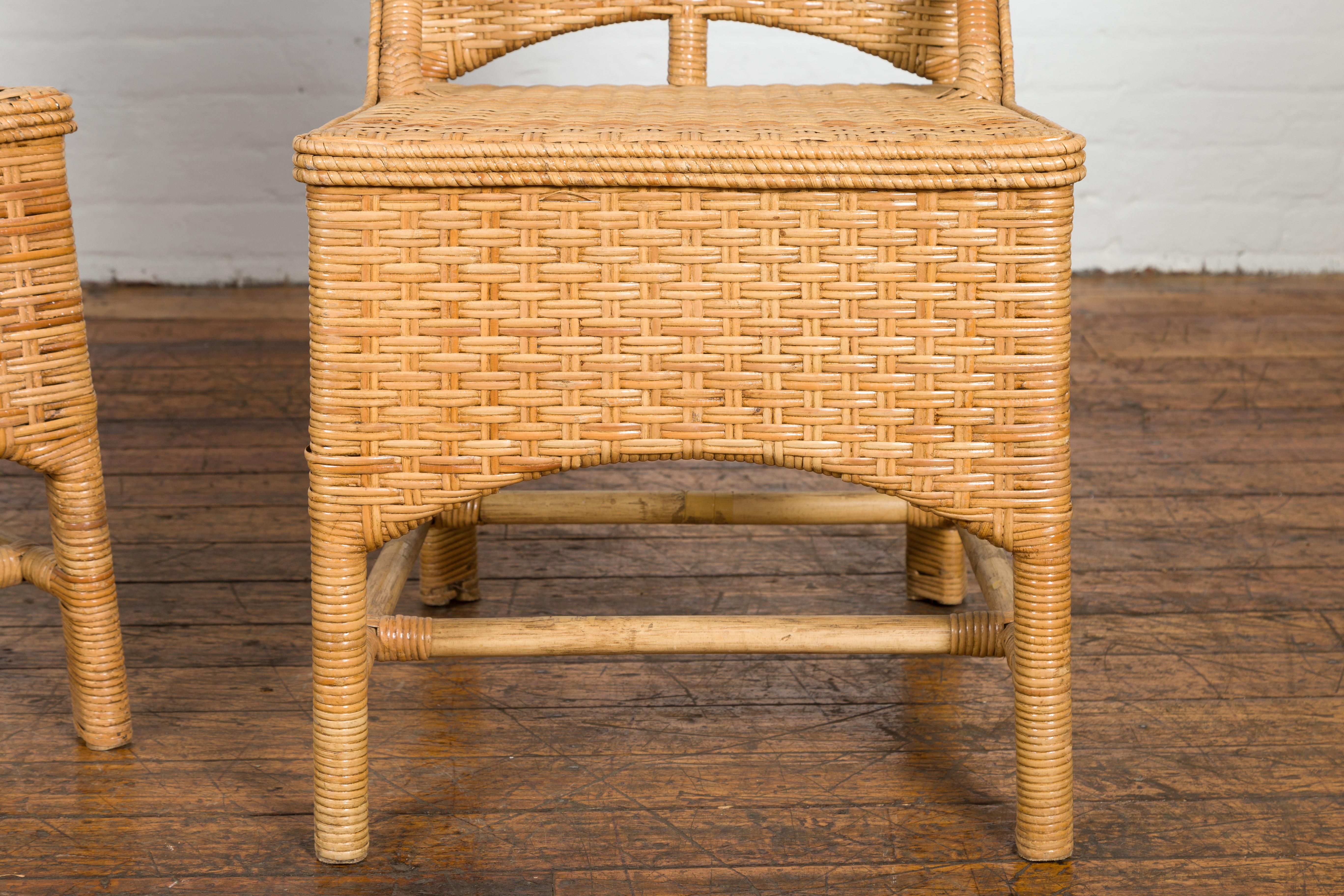 20th Century 1950s Midcentury Country Style Woven Rattan Rustic Chairs, Pair For Sale