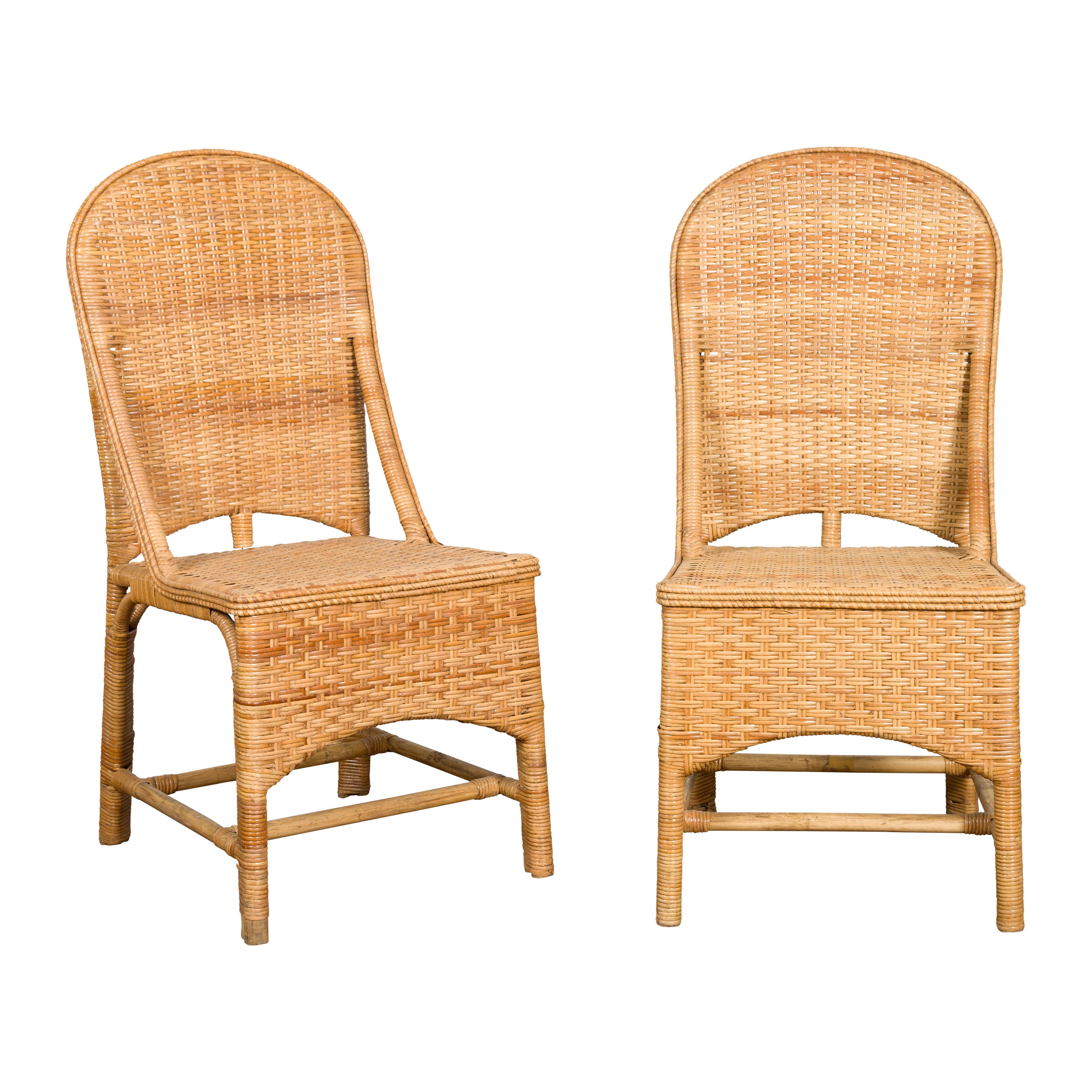 1950s Midcentury Country Style Woven Rattan Rustic Chairs, Pair For Sale