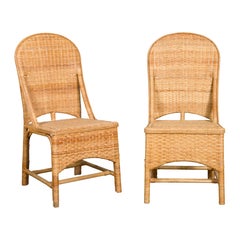 Retro 1950s Midcentury Country Style Woven Rattan Rustic Chairs, Pair