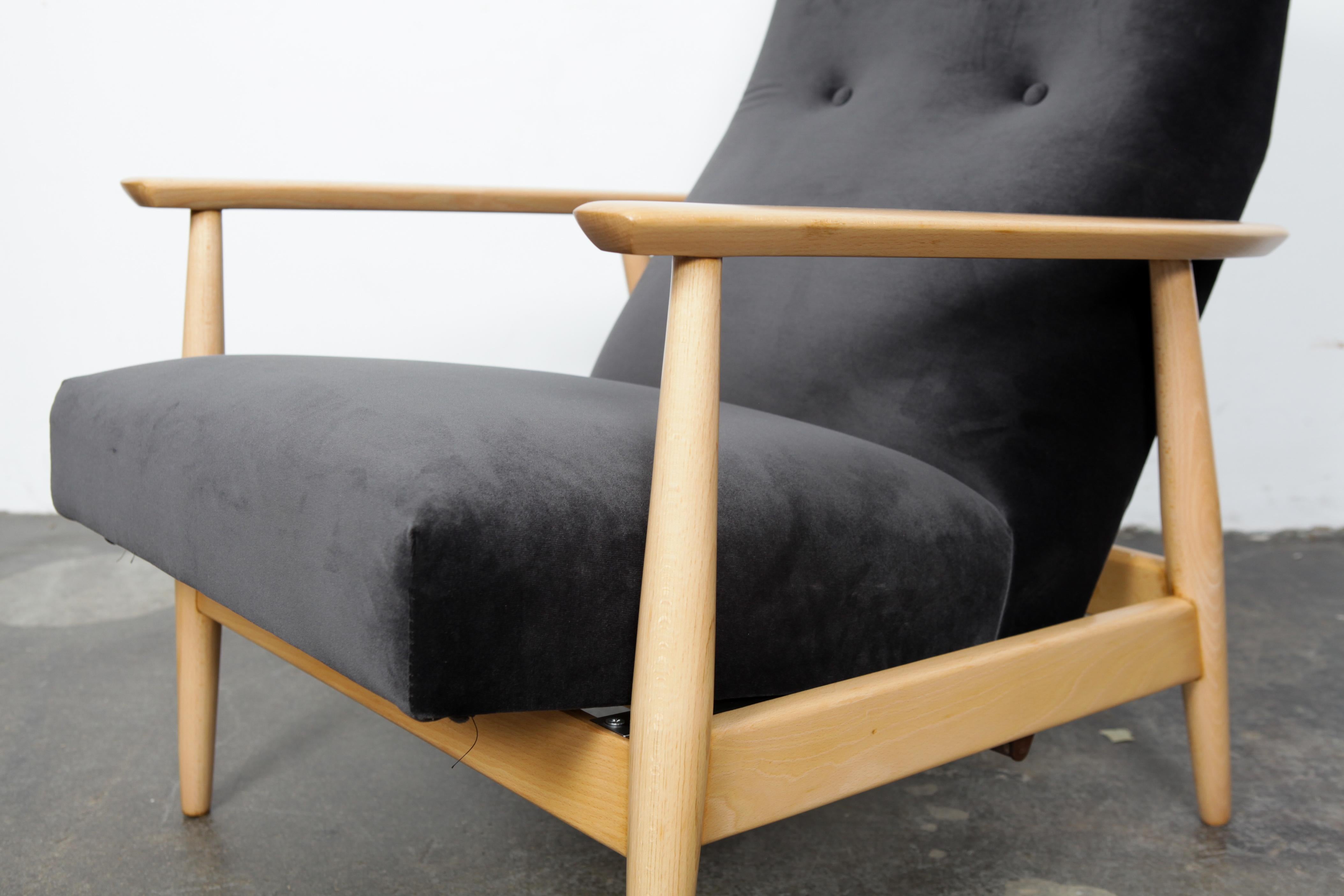 Mid-Century Modern 1950s Midcentury Danish Beech Recliner Chair in Velvet