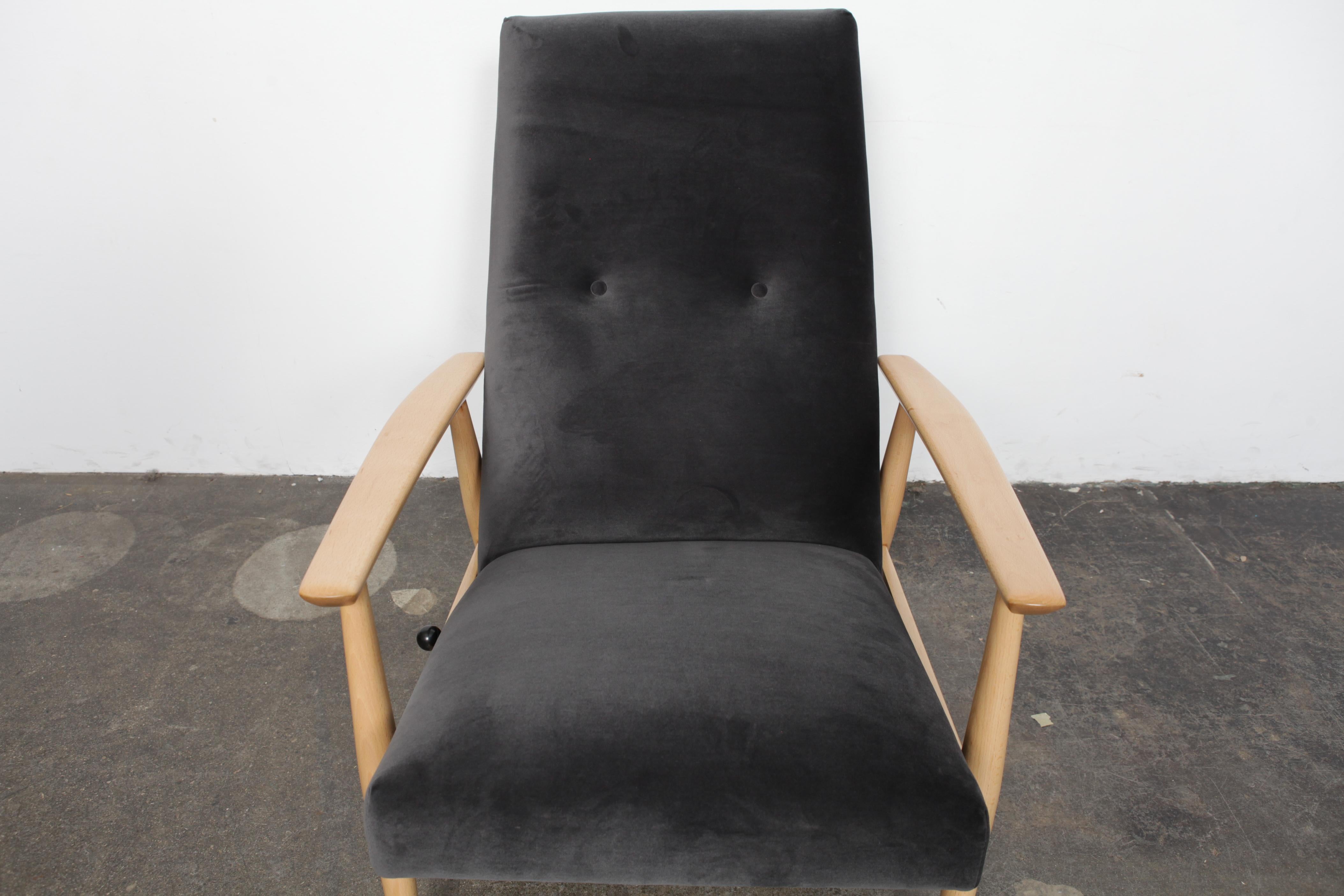 Lacquered 1950s Midcentury Danish Beech Recliner Chair in Velvet