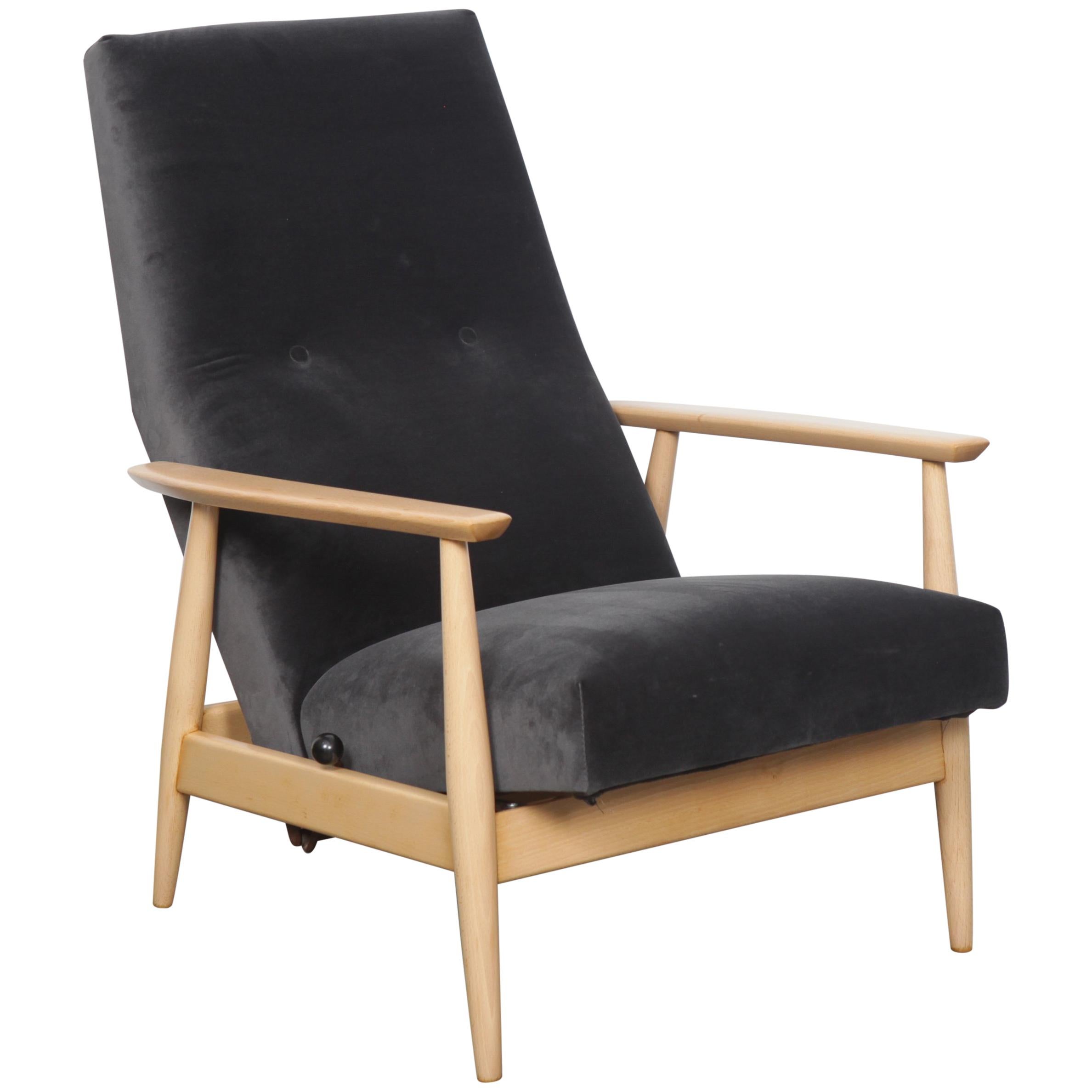 1950s Midcentury Danish Beech Recliner Chair in Velvet