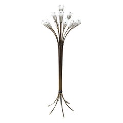 1950s Midcentury French Brass Floor Lamp White Flower Shades