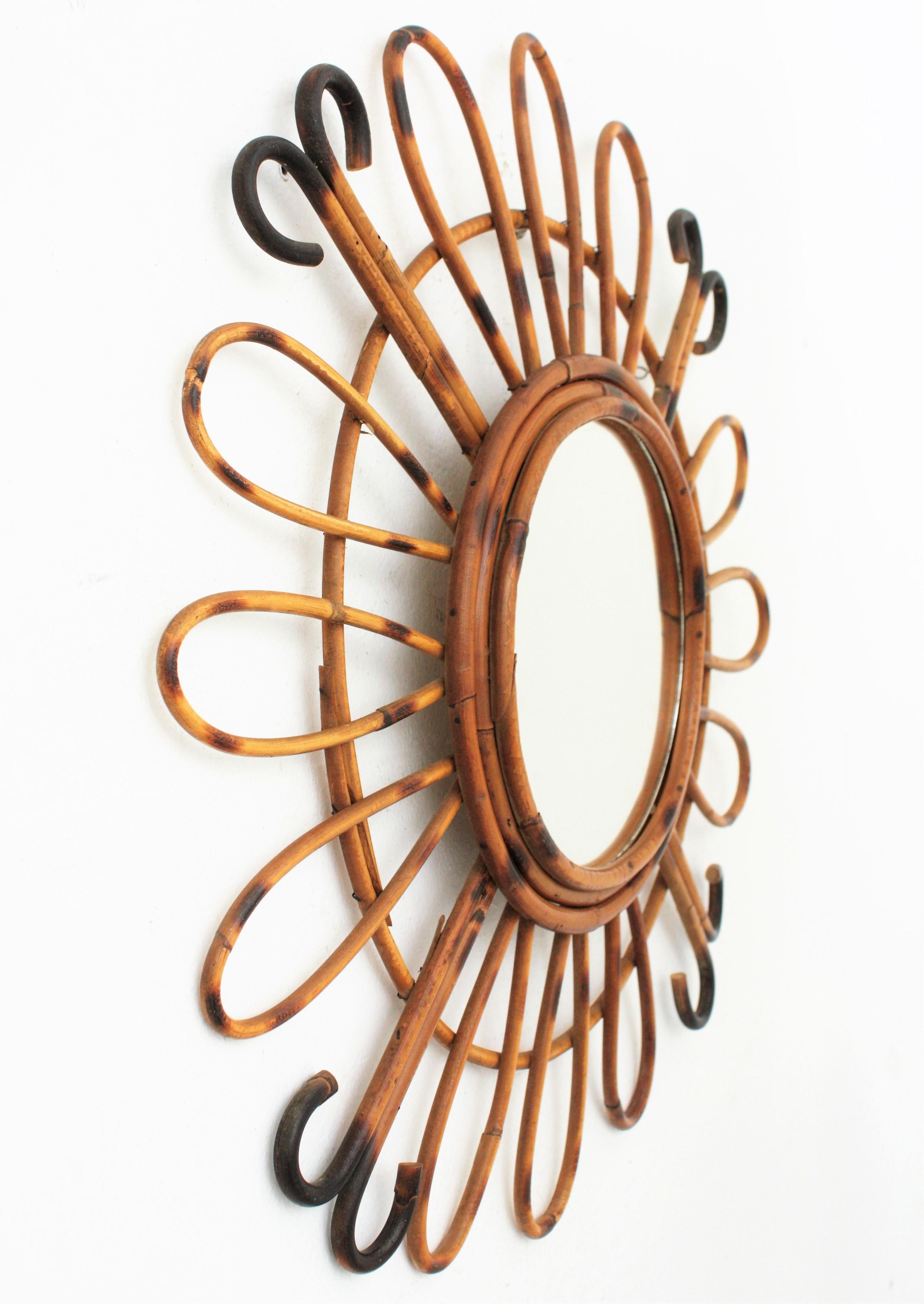 1950s Midcentury French Riviera Handcrafted Rattan and Bamboo Sunburst Mirror 4