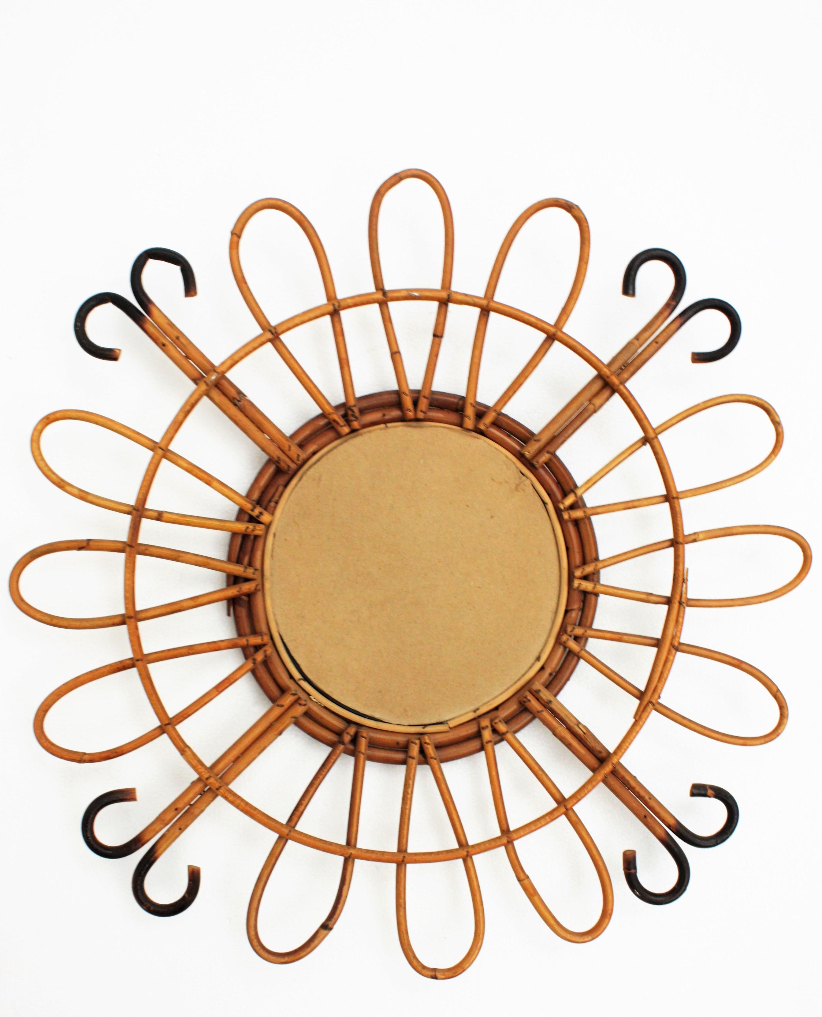 1950s Midcentury French Riviera Handcrafted Rattan and Bamboo Sunburst Mirror 10