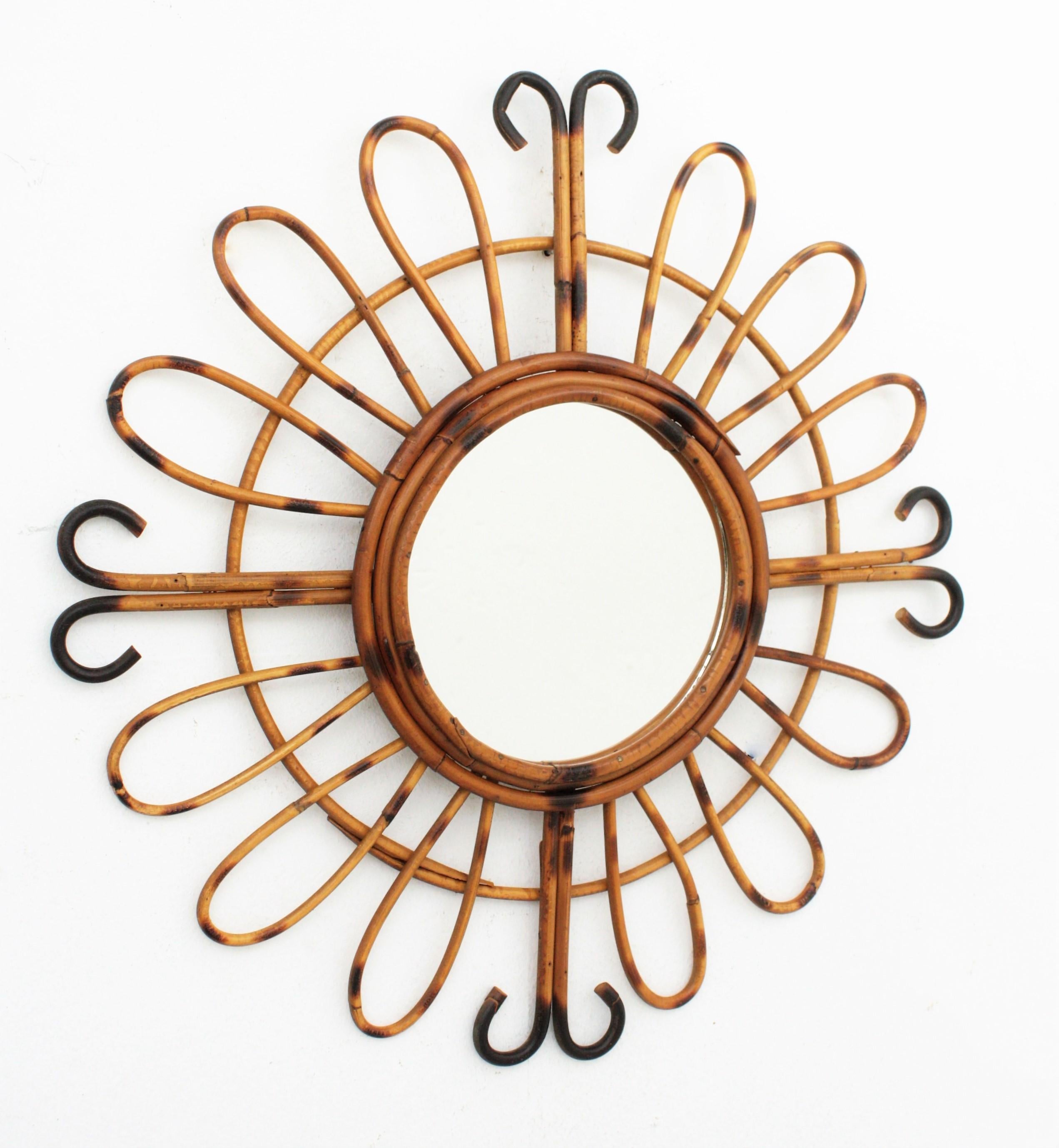 Mid-Century Modern 1950s Midcentury French Riviera Handcrafted Rattan and Bamboo Sunburst Mirror