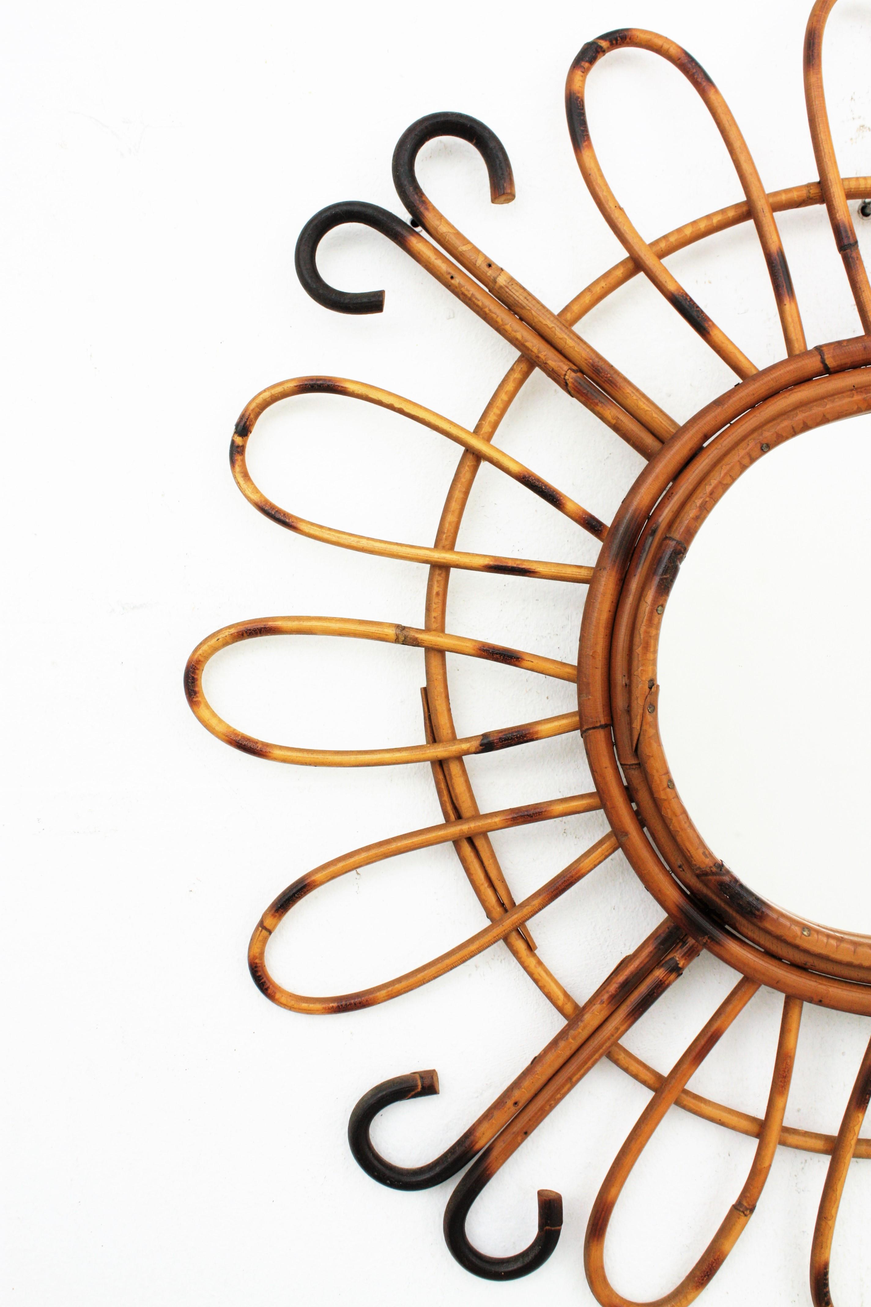 1950s Midcentury French Riviera Handcrafted Rattan and Bamboo Sunburst Mirror In Excellent Condition In Barcelona, ES