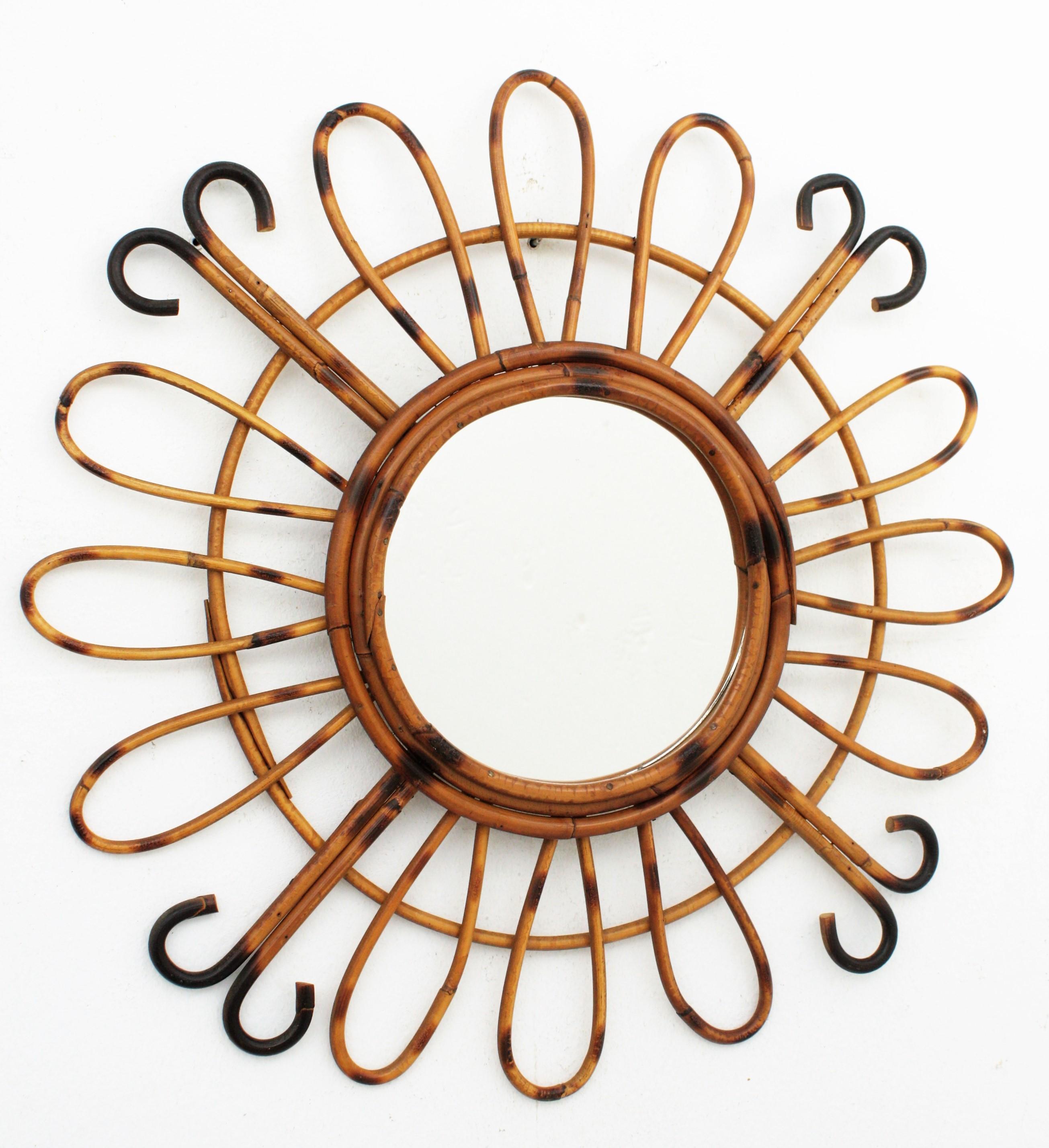 1950s Midcentury French Riviera Handcrafted Rattan and Bamboo Sunburst Mirror 2