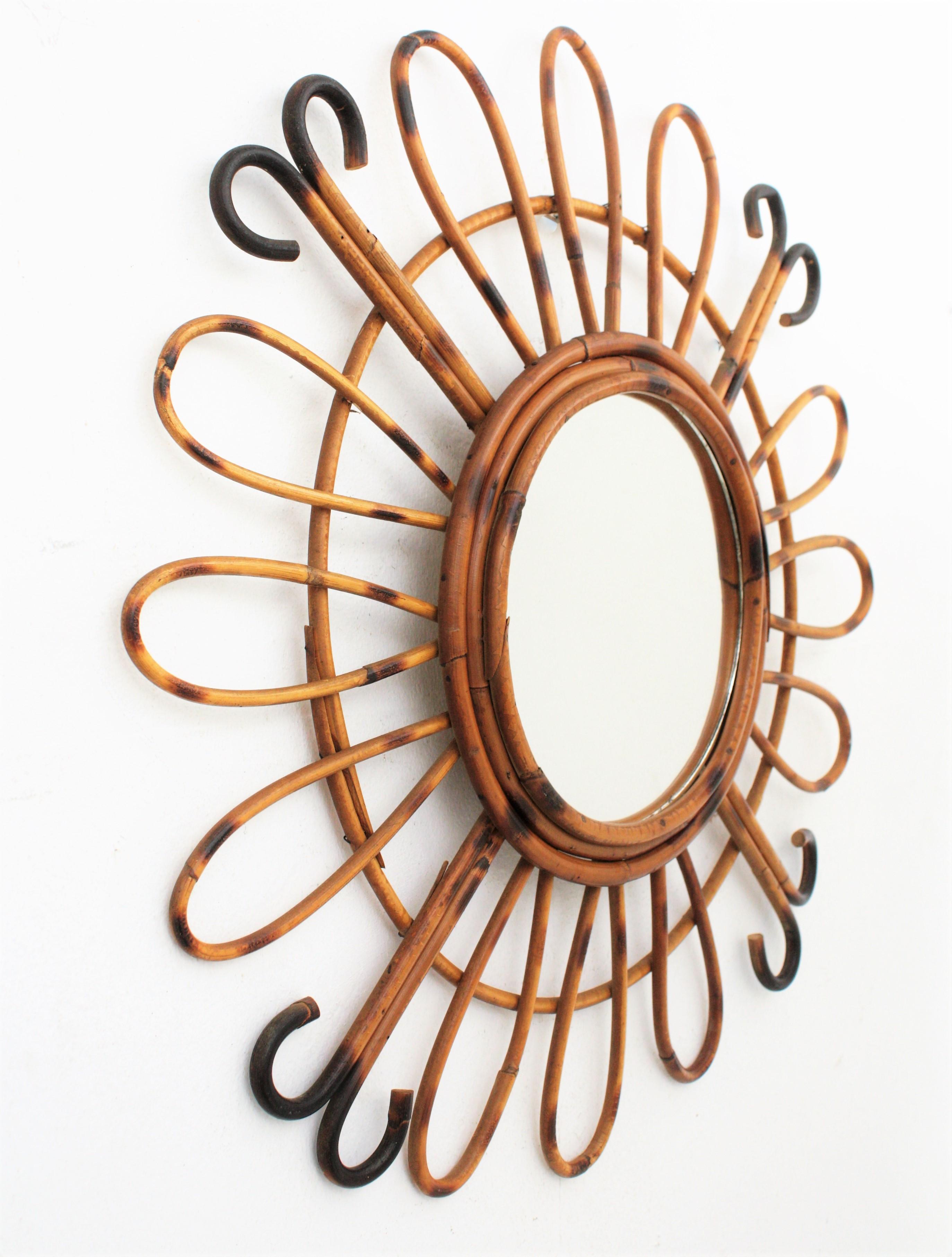 1950s Midcentury French Riviera Handcrafted Rattan and Bamboo Sunburst Mirror 3