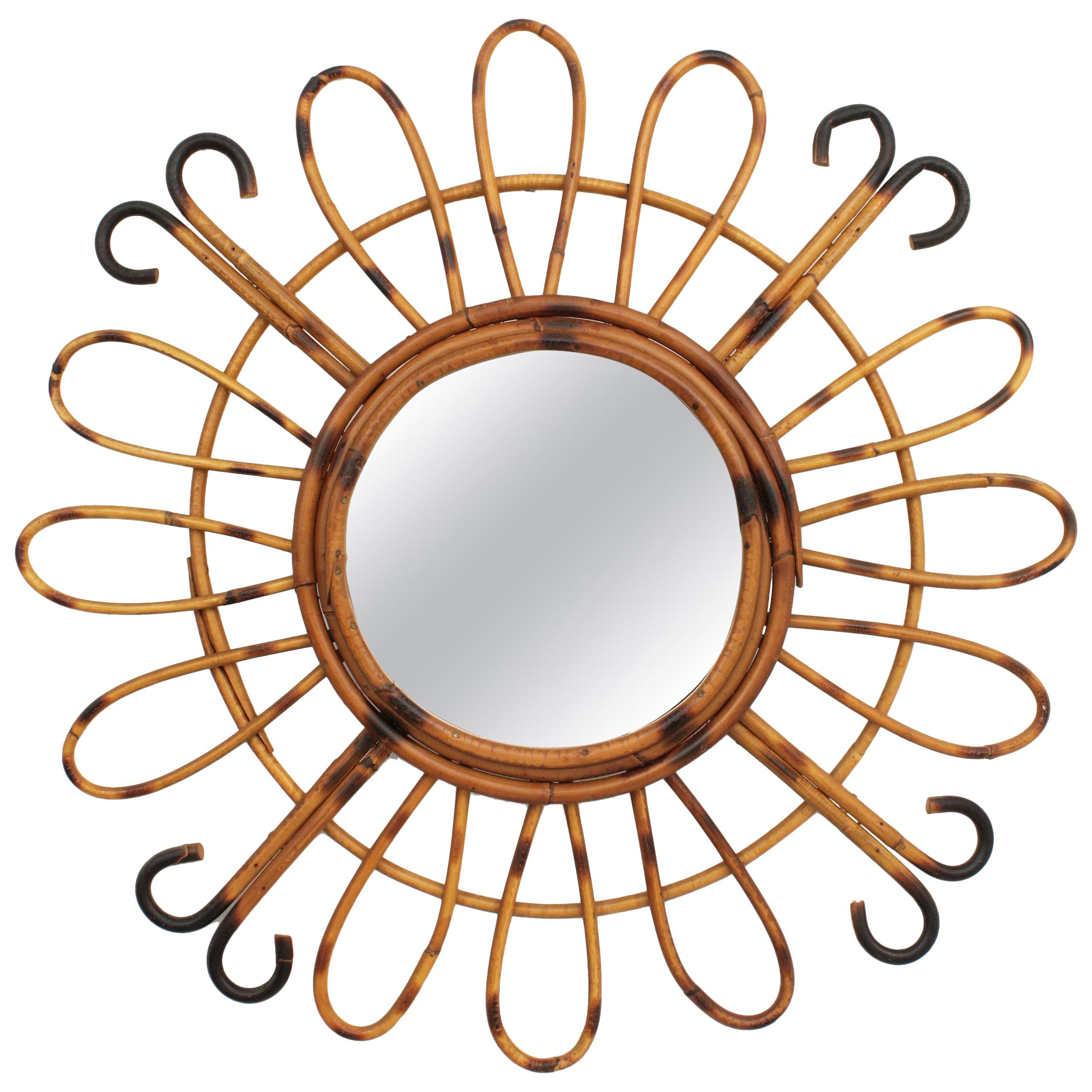 1950s Midcentury French Riviera Handcrafted Rattan and Bamboo Sunburst Mirror