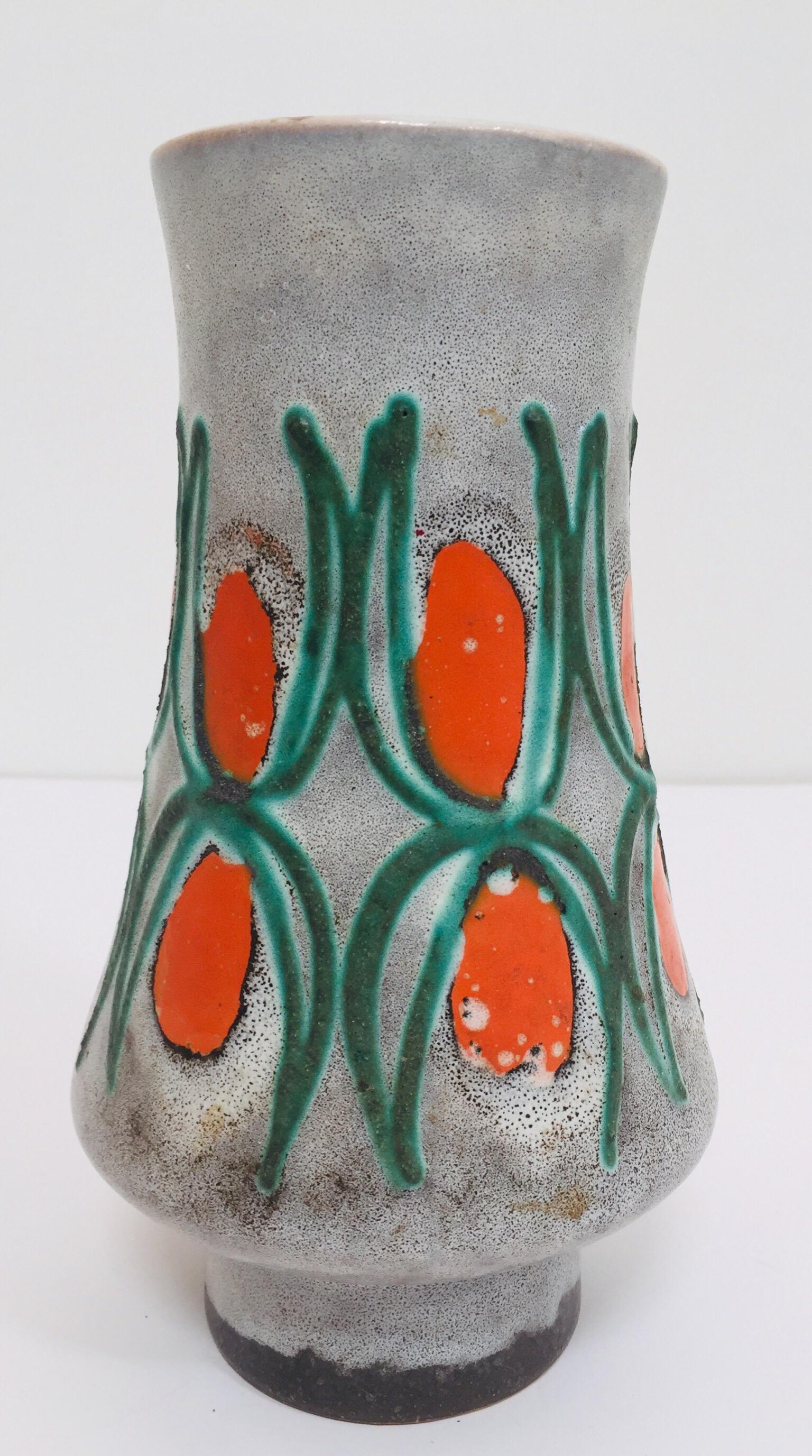 Bauhaus 1950s Midcentury Glazed Vase with Red and Green, Strehla East Germany GDR