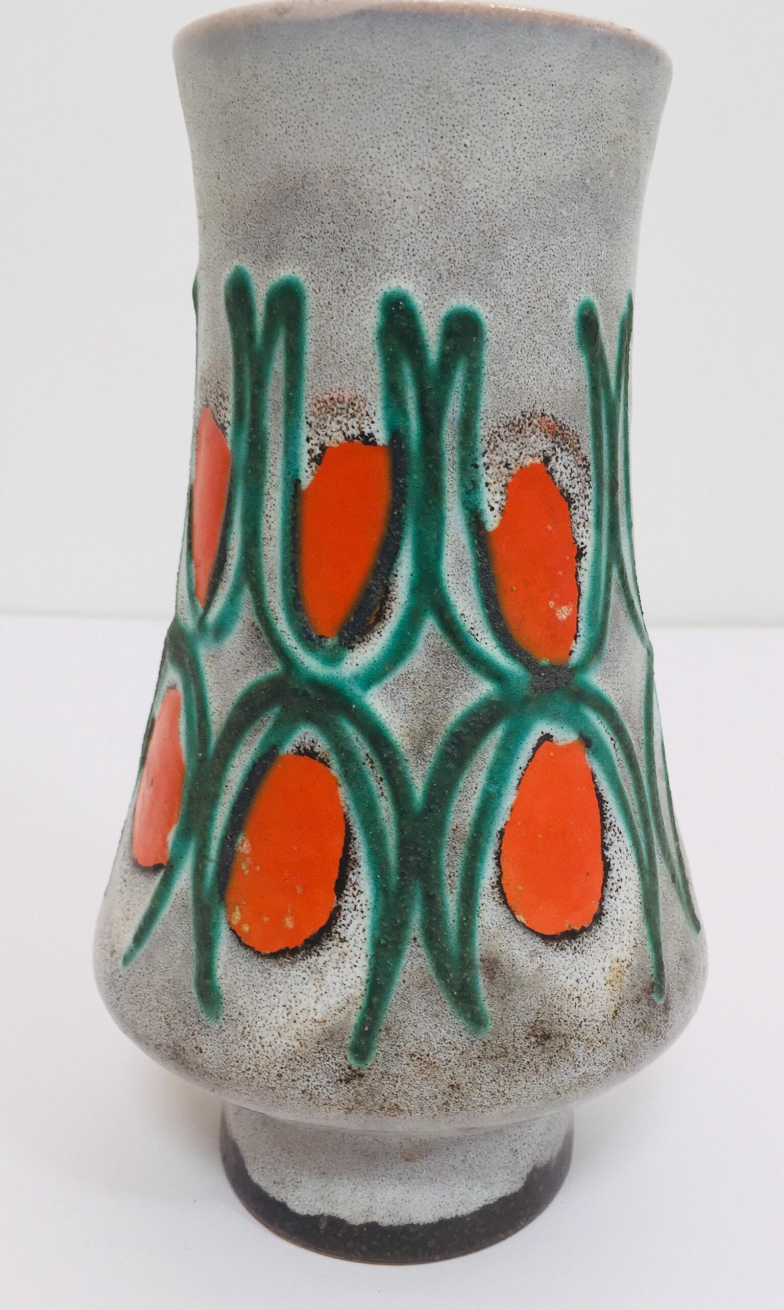 20th Century 1950s Midcentury Glazed Vase with Red and Green, Strehla East Germany GDR