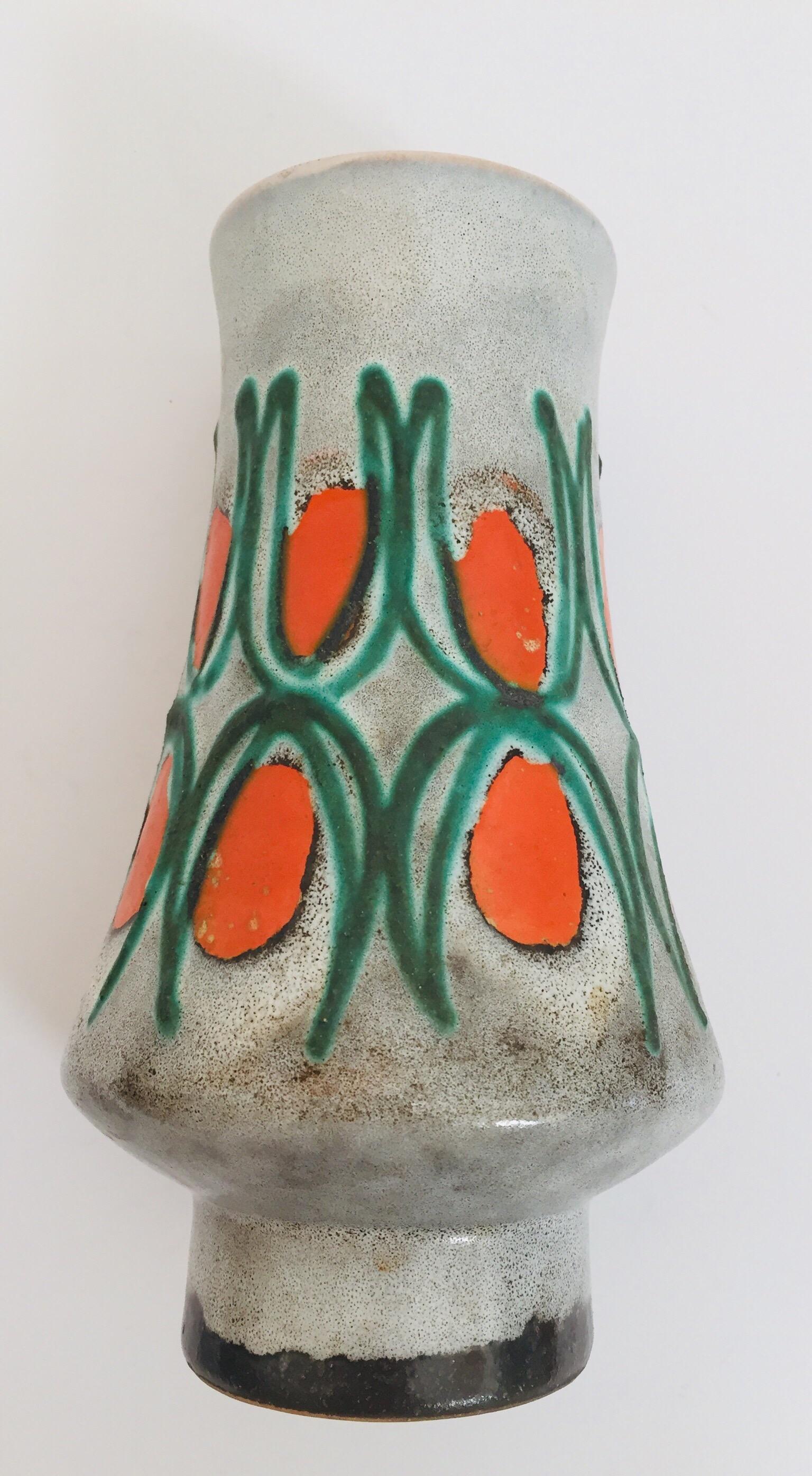 Ceramic 1950s Midcentury Glazed Vase with Red and Green, Strehla East Germany GDR