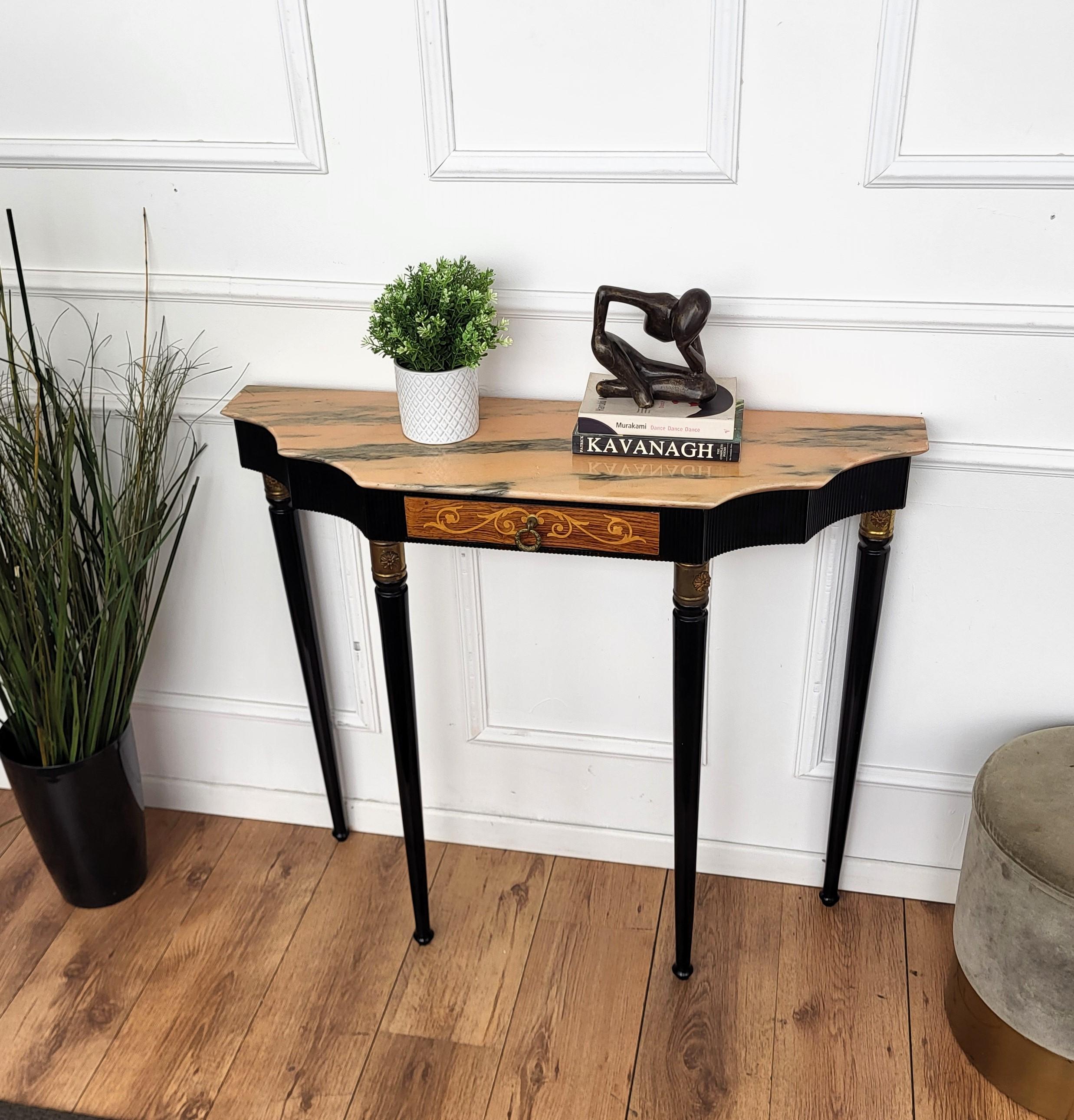 Mid-Century Modern 1950s Midcentury Italian Black Wood Brass Wall Console Table with Marble Top For Sale
