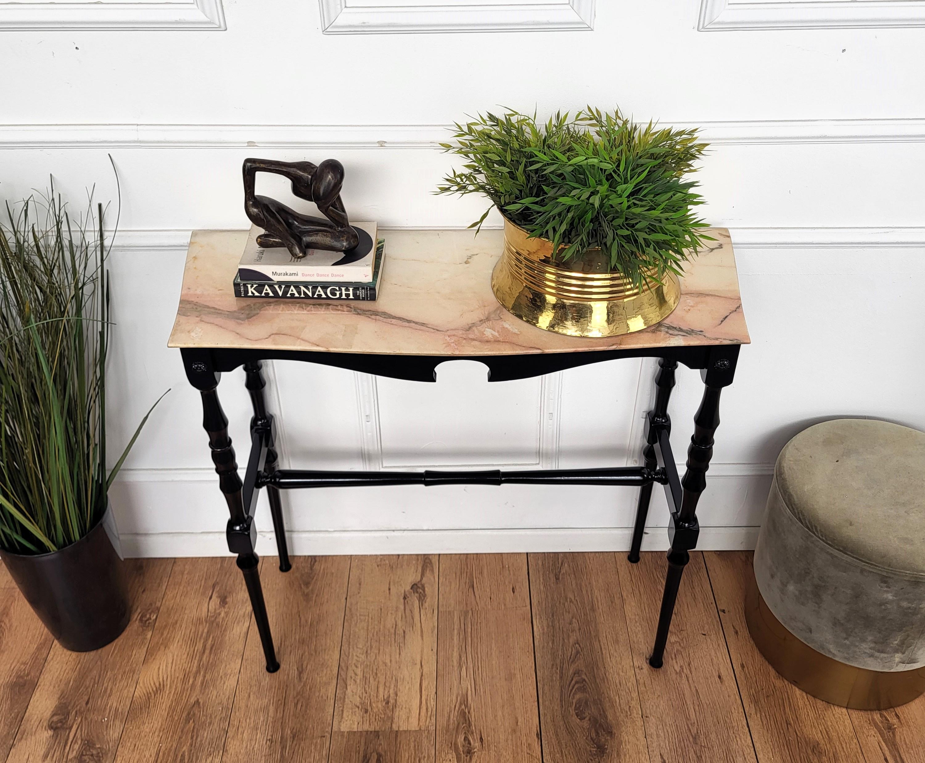 Mid-Century Modern 1950s Midcentury Italian Black Wood Brass Wall Console Table with Marble Top en vente