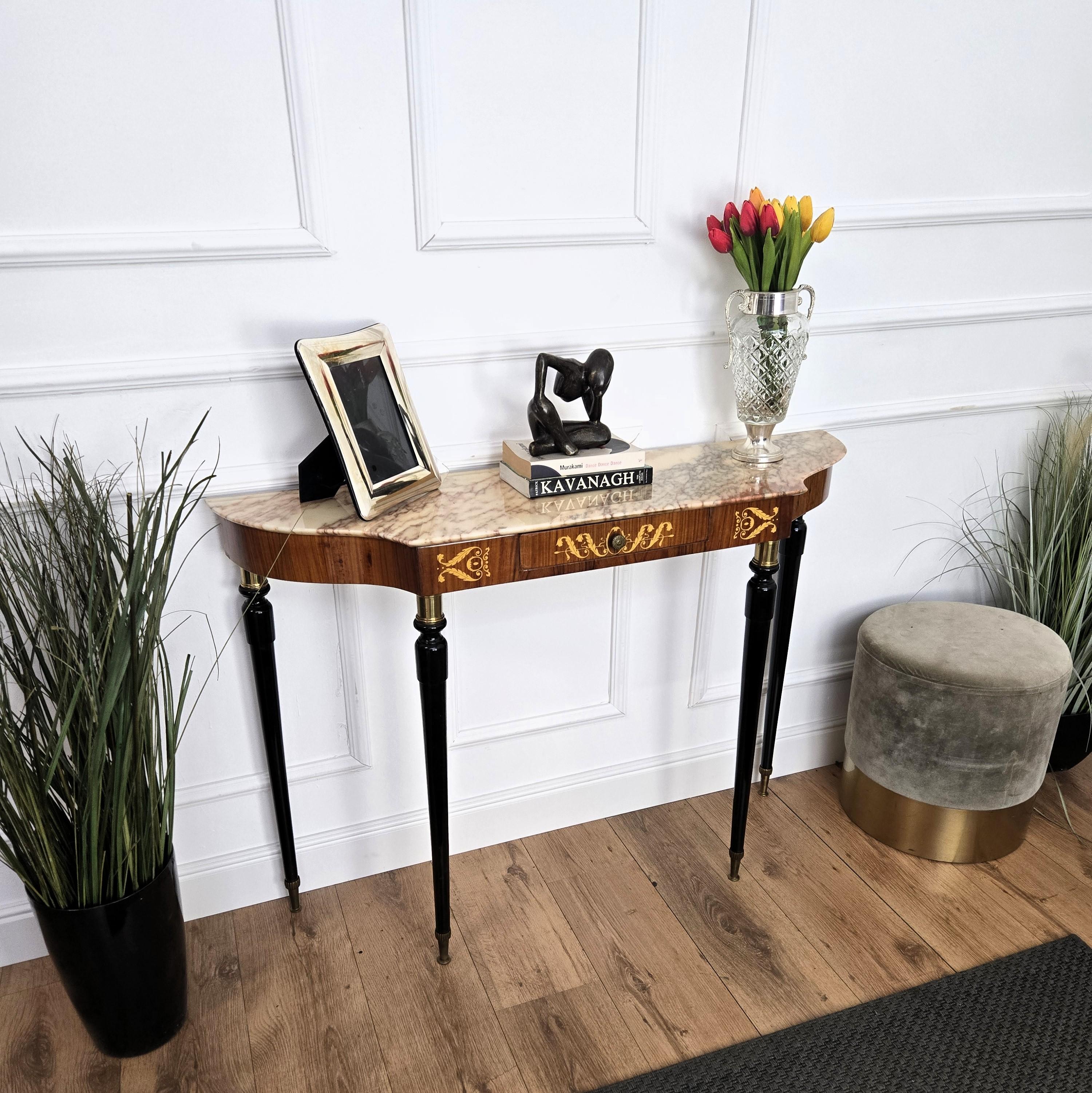Mid-Century Modern 1950s Midcentury Italian Black Wood Brass Wall Console Table with Marble Top For Sale