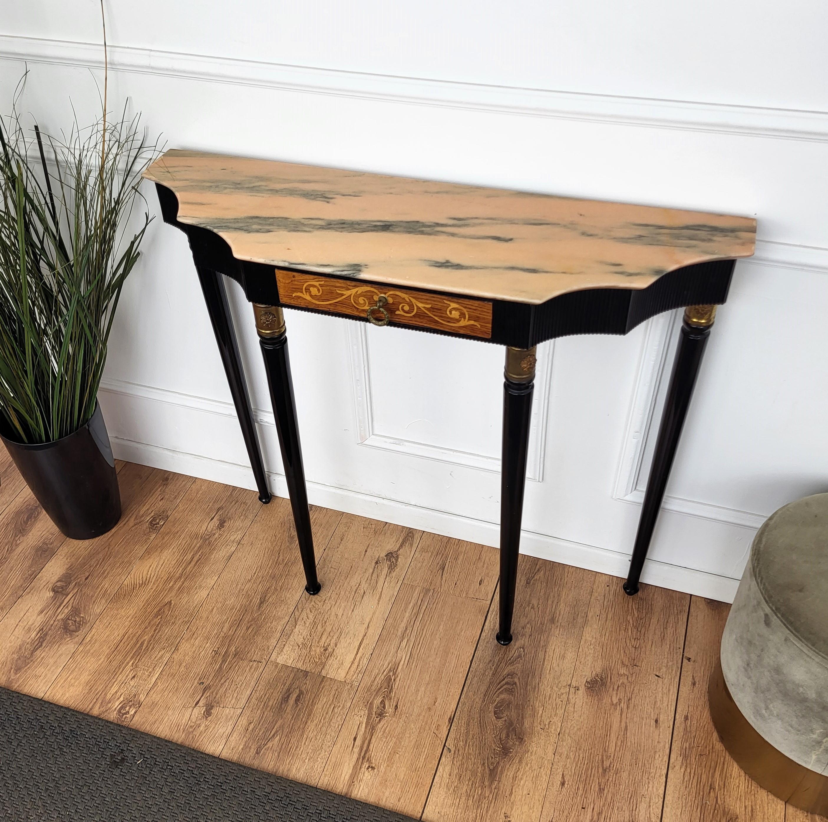 20th Century 1950s Midcentury Italian Black Wood Brass Wall Console Table with Marble Top For Sale