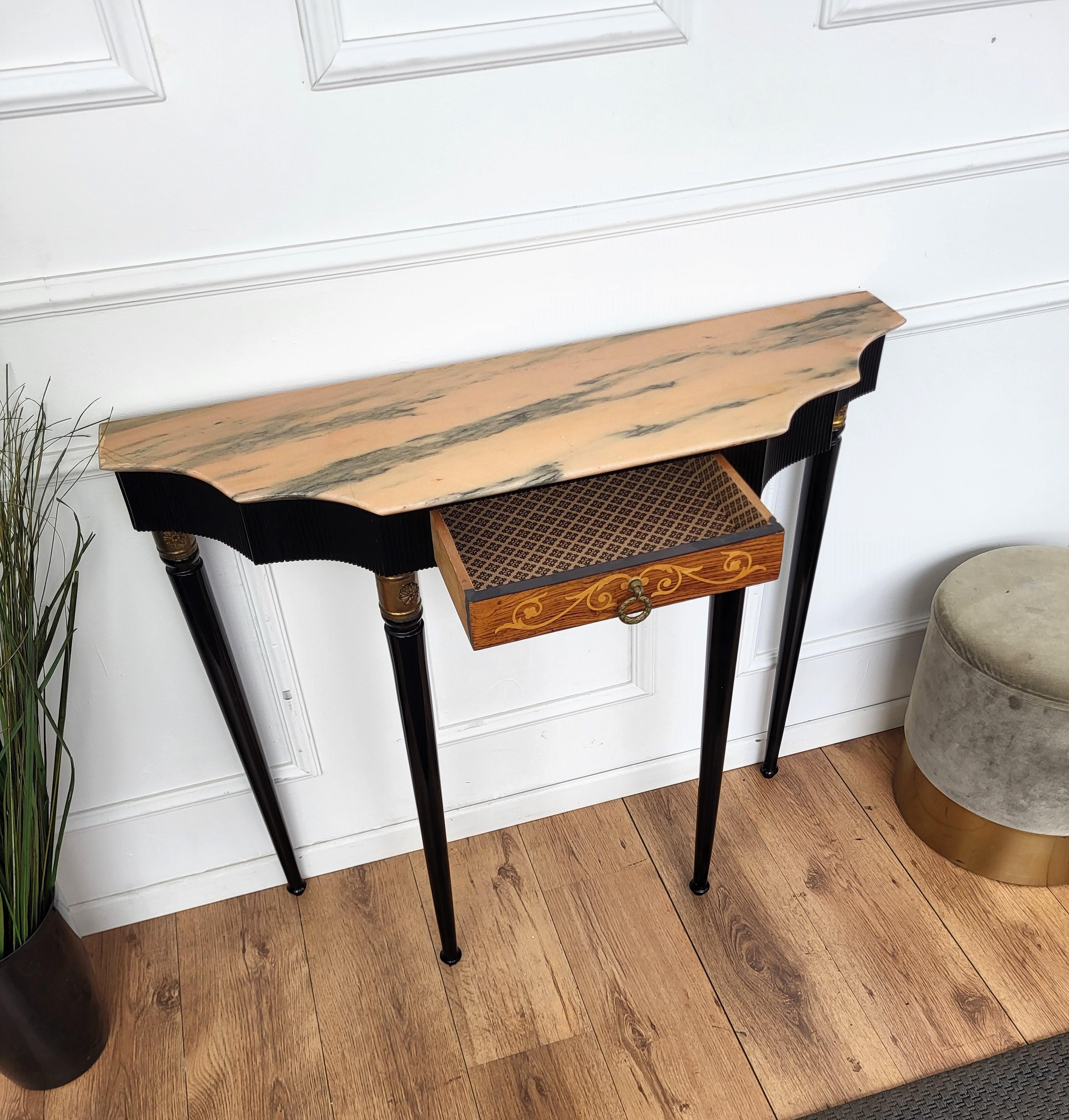 1950s Midcentury Italian Black Wood Brass Wall Console Table with Marble Top For Sale 1