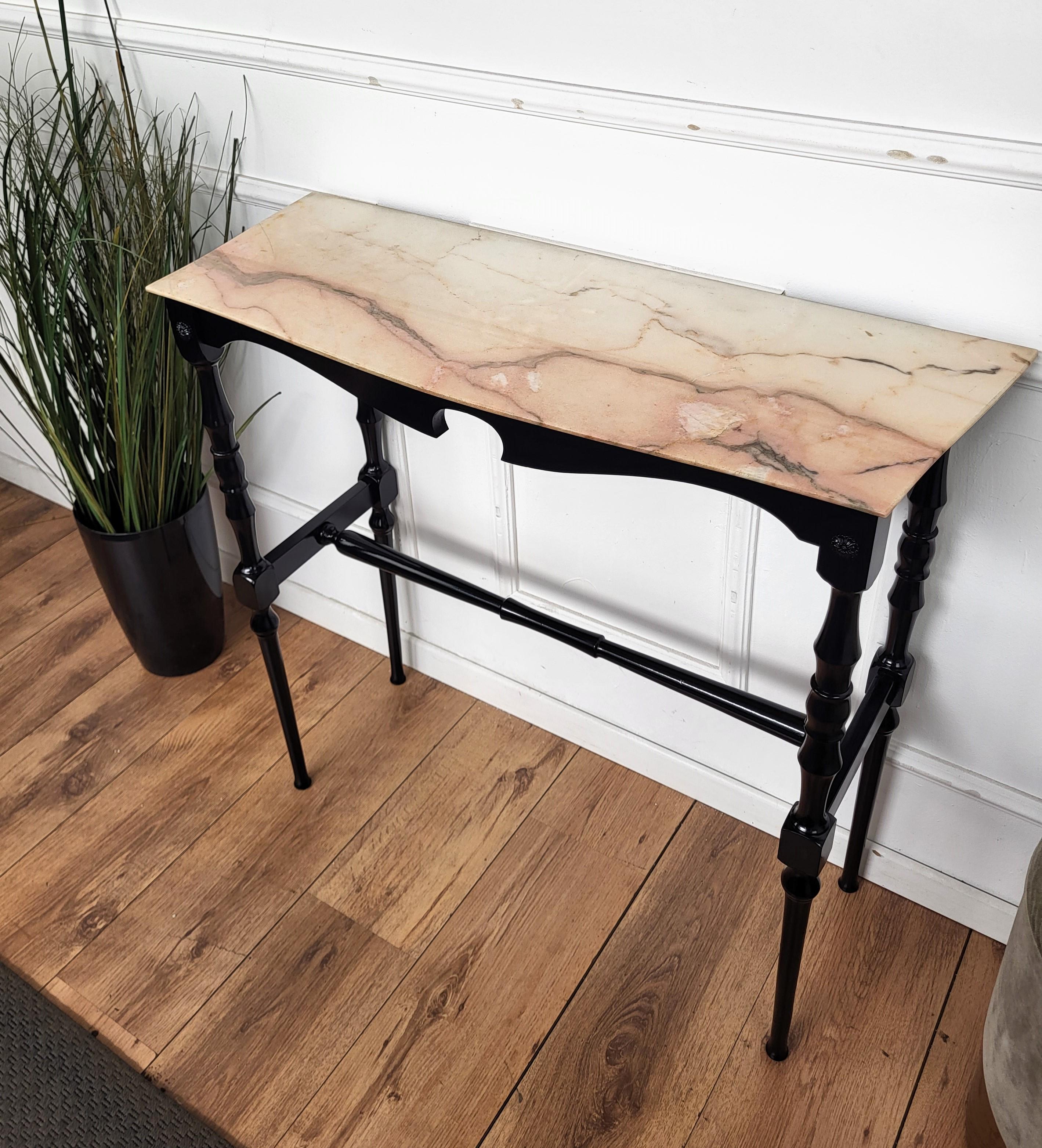 20ième siècle 1950s Midcentury Italian Black Wood Brass Wall Console Table with Marble Top en vente