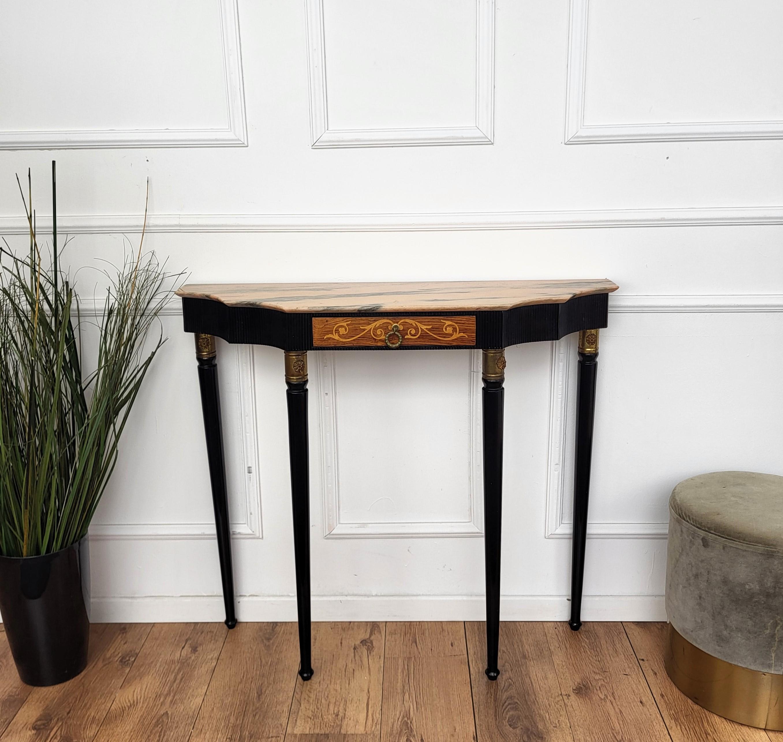 Laiton 1950s Midcentury Italian Black Wood Brass Wall Console Table with Marble Top en vente