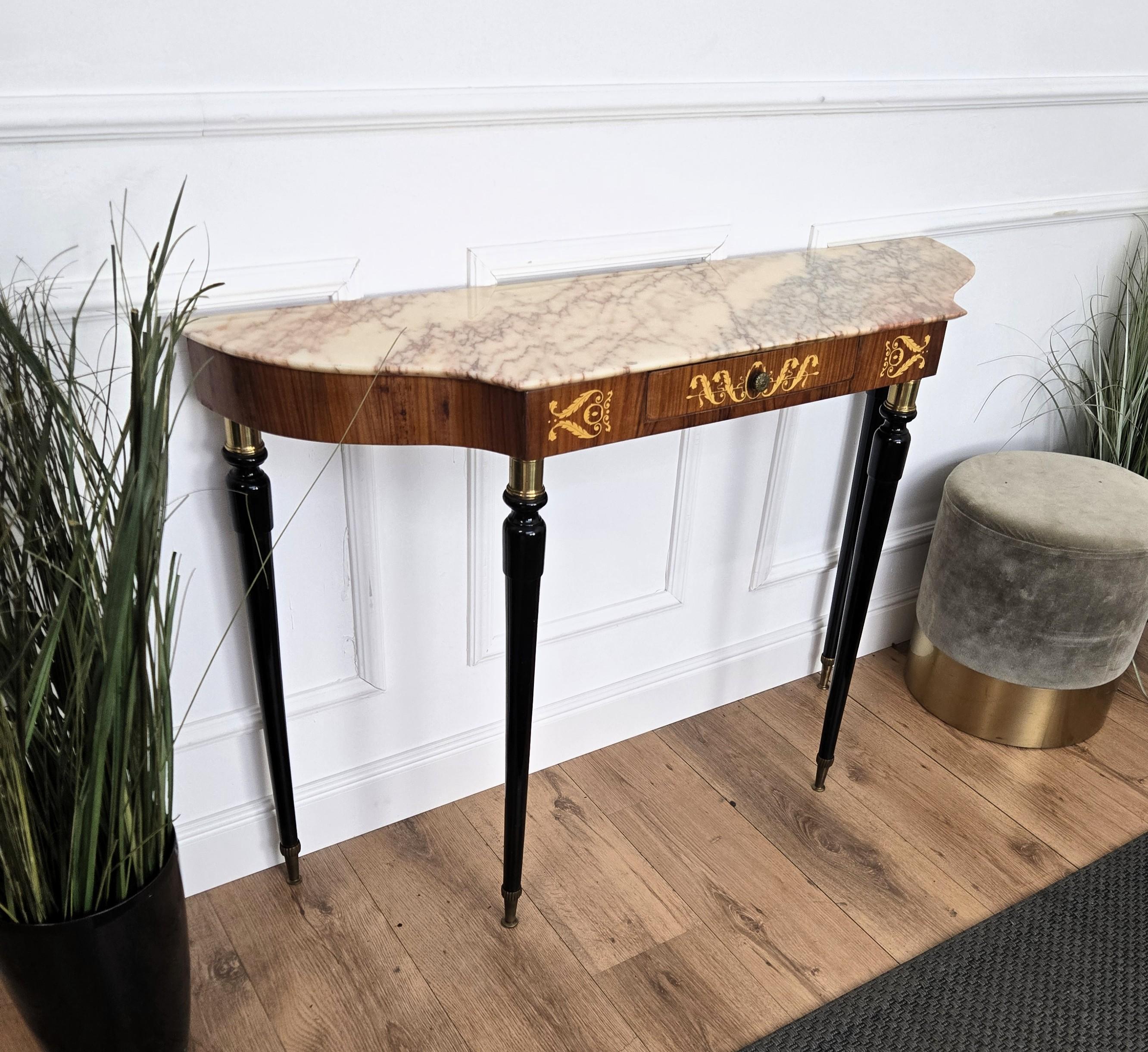 1950s Midcentury Italian Black Wood Brass Wall Console Table with Marble Top For Sale 2