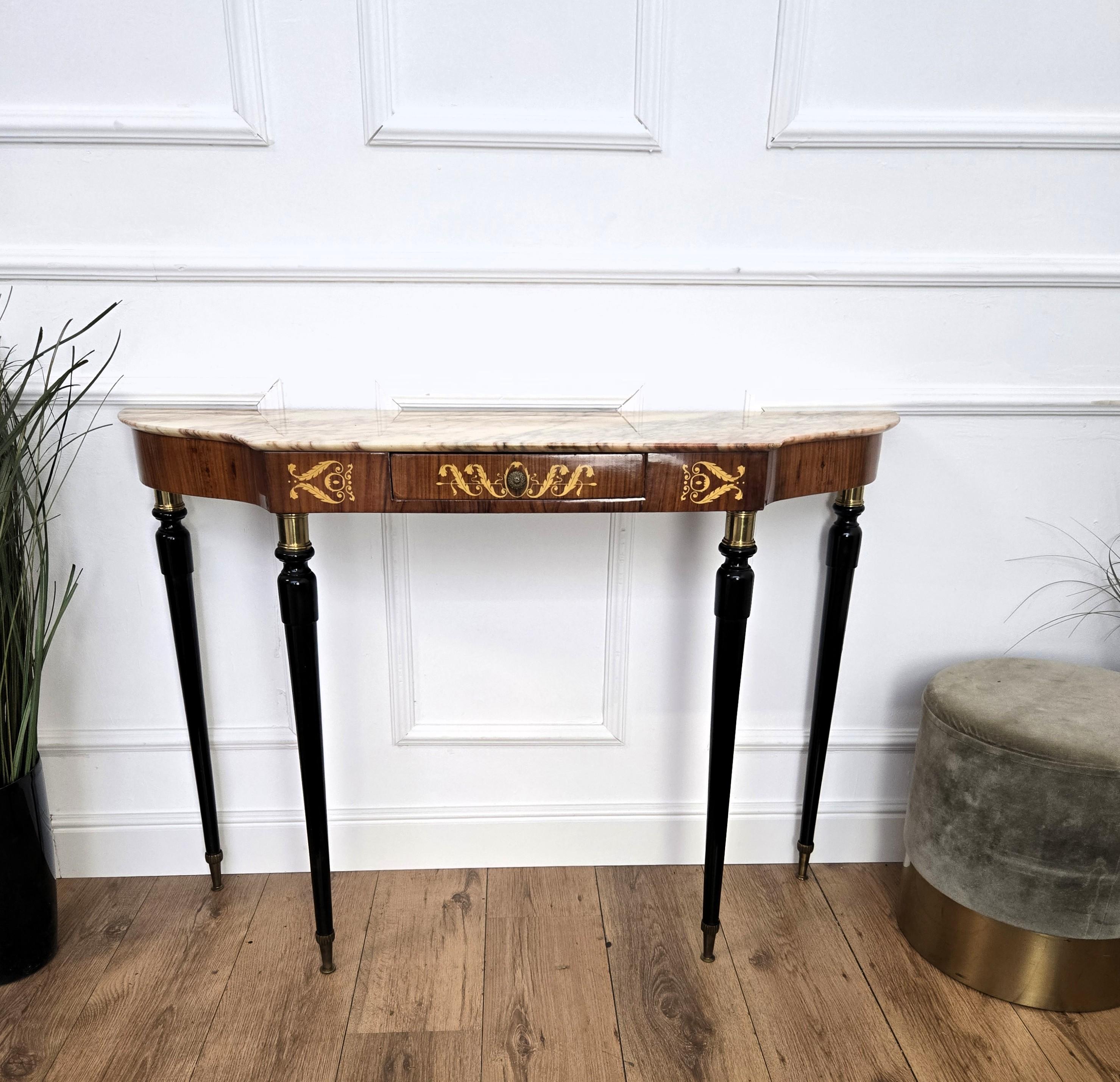 1950s Midcentury Italian Black Wood Brass Wall Console Table with Marble Top For Sale 3