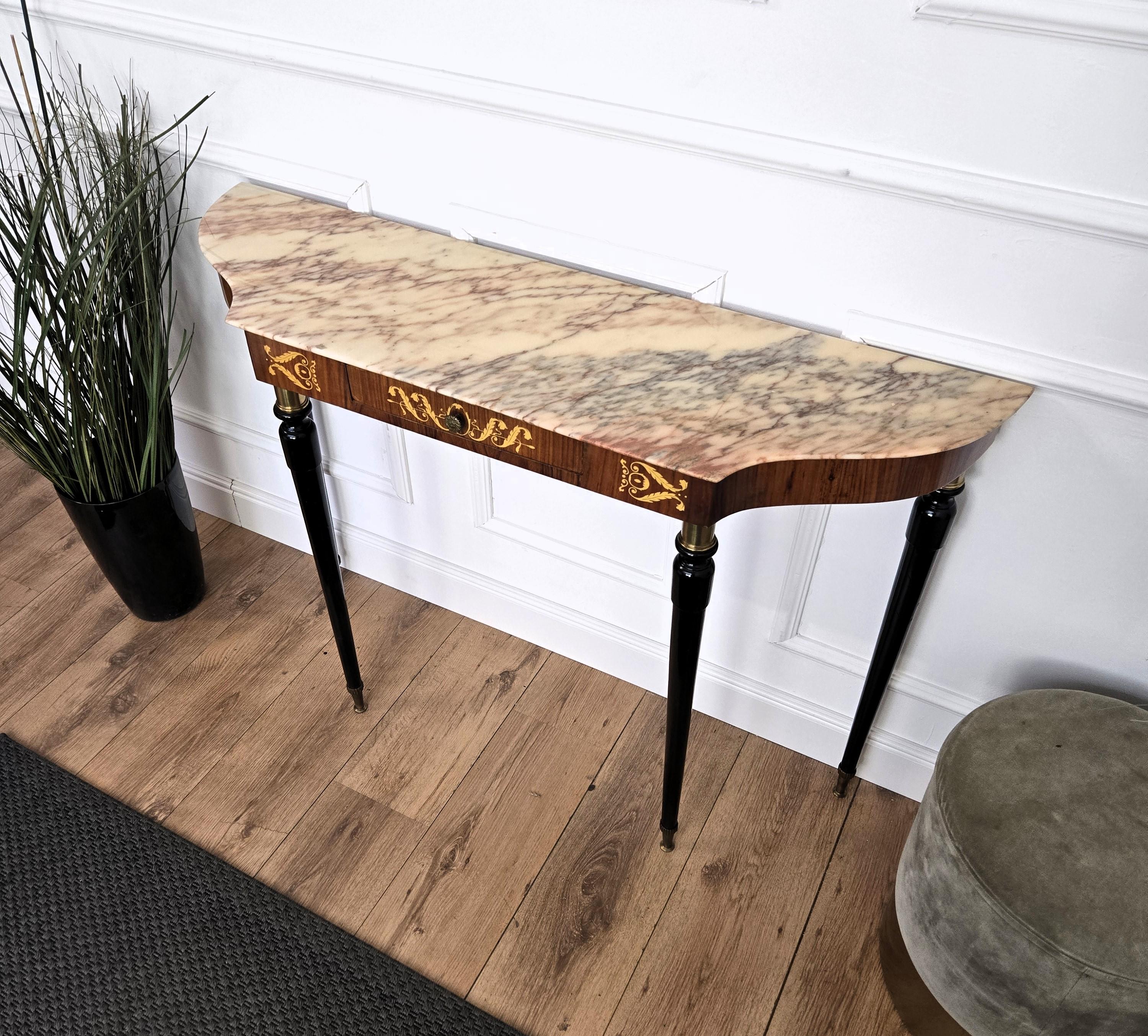 1950s Midcentury Italian Black Wood Brass Wall Console Table with Marble Top For Sale 4
