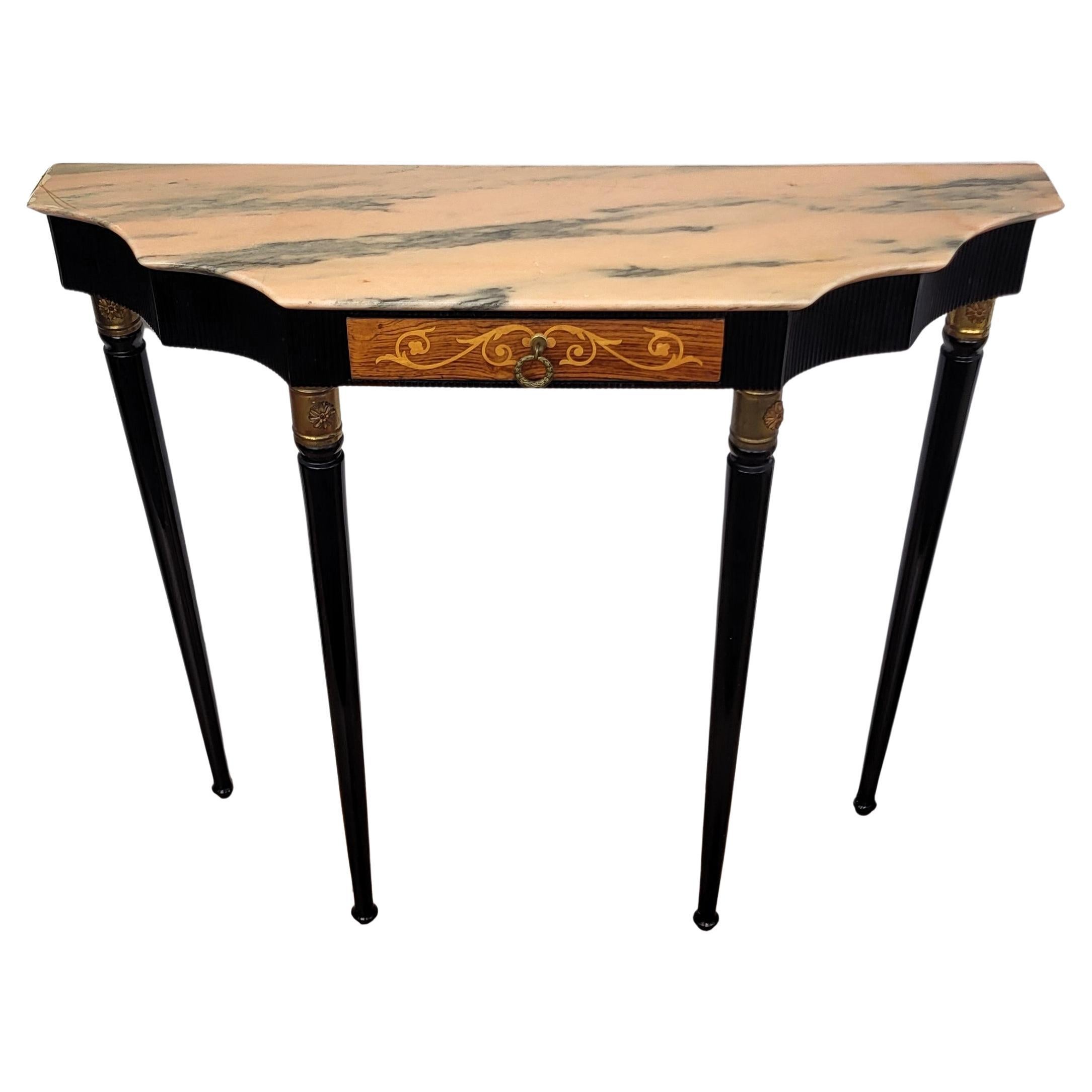 1950s Midcentury Italian Black Wood Brass Wall Console Table with Marble Top For Sale