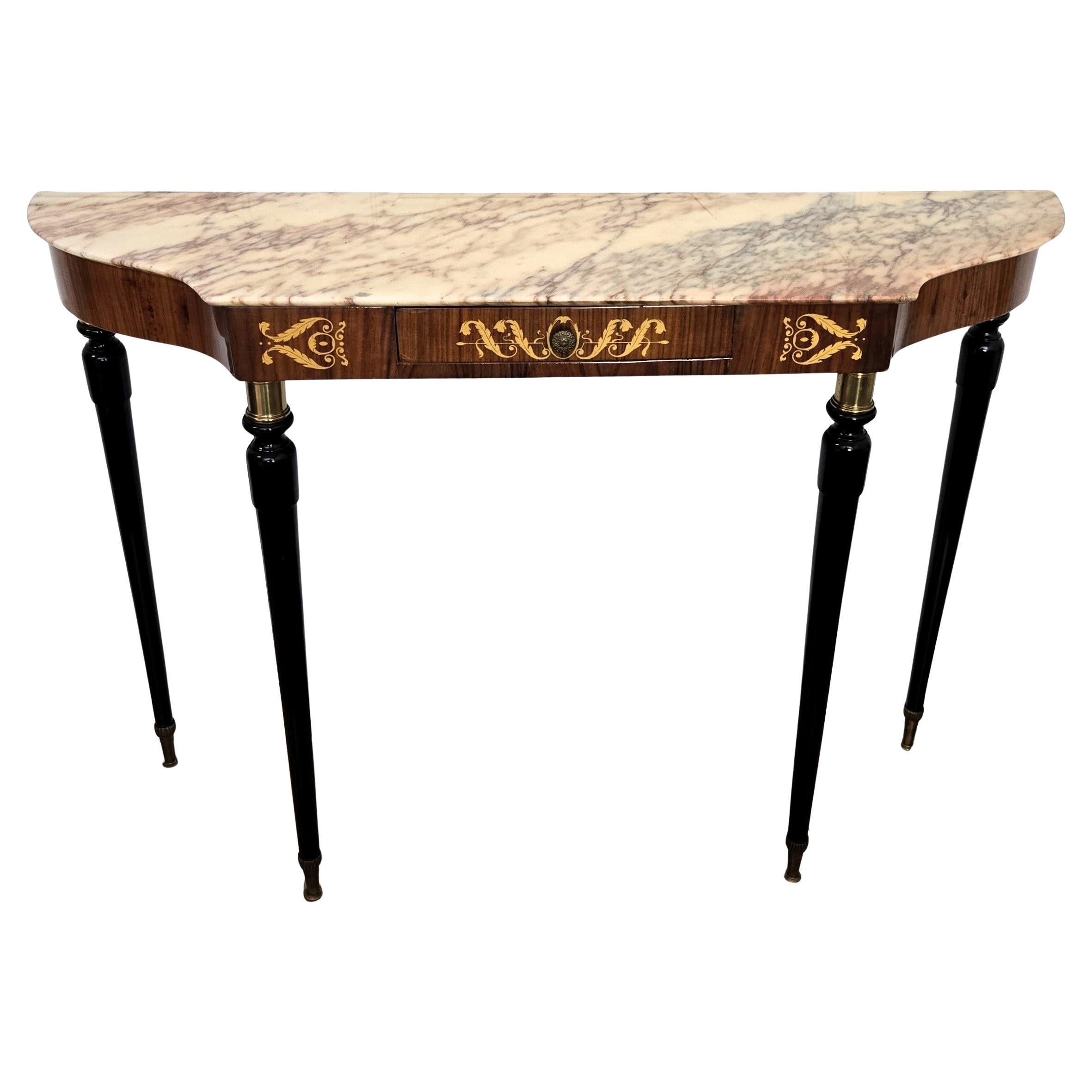 1950s Midcentury Italian Black Wood Brass Wall Console Table with Marble Top For Sale