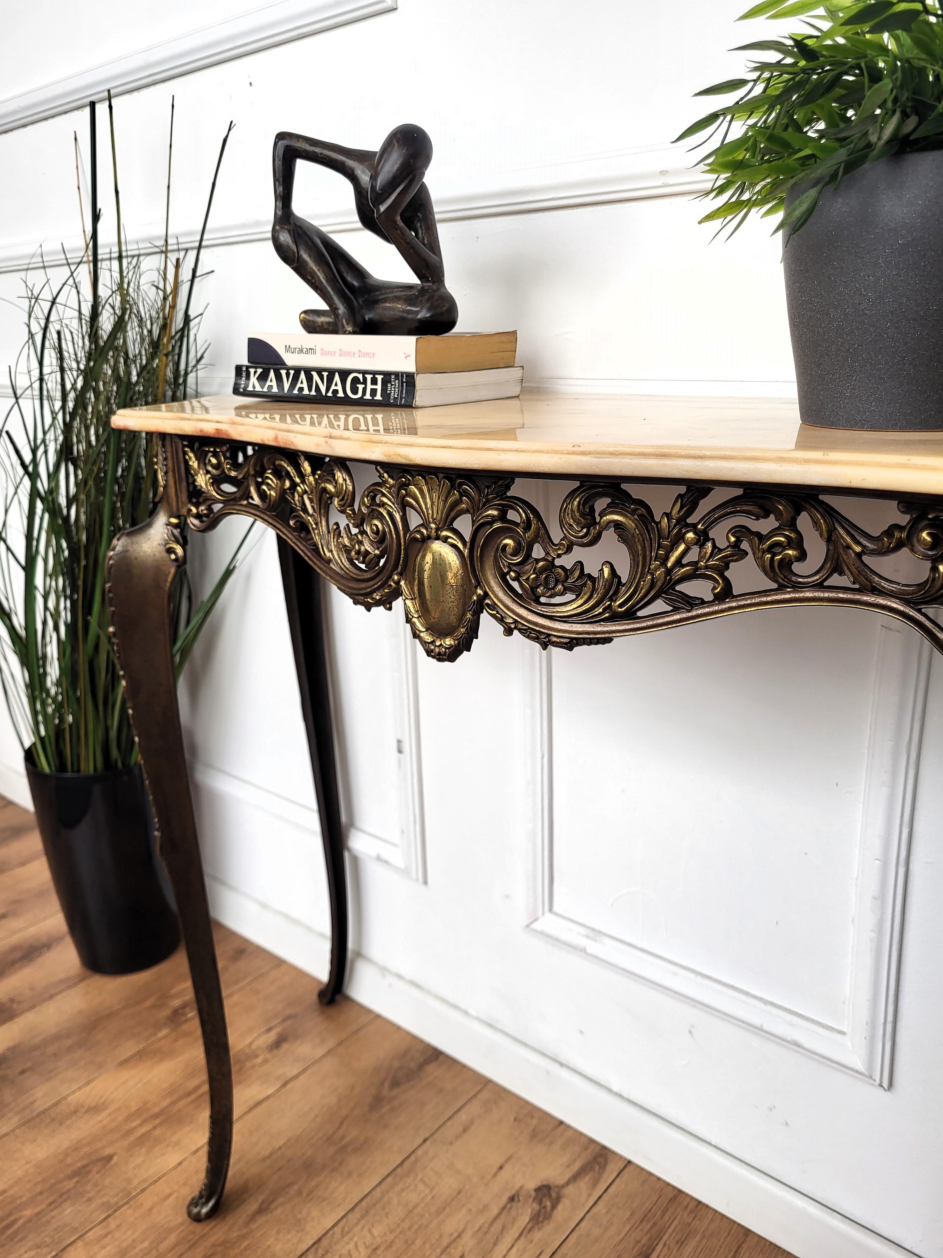 Mid-Century Modern 1950s Midcentury Italian Brass Demilune Console Table with Marble Top