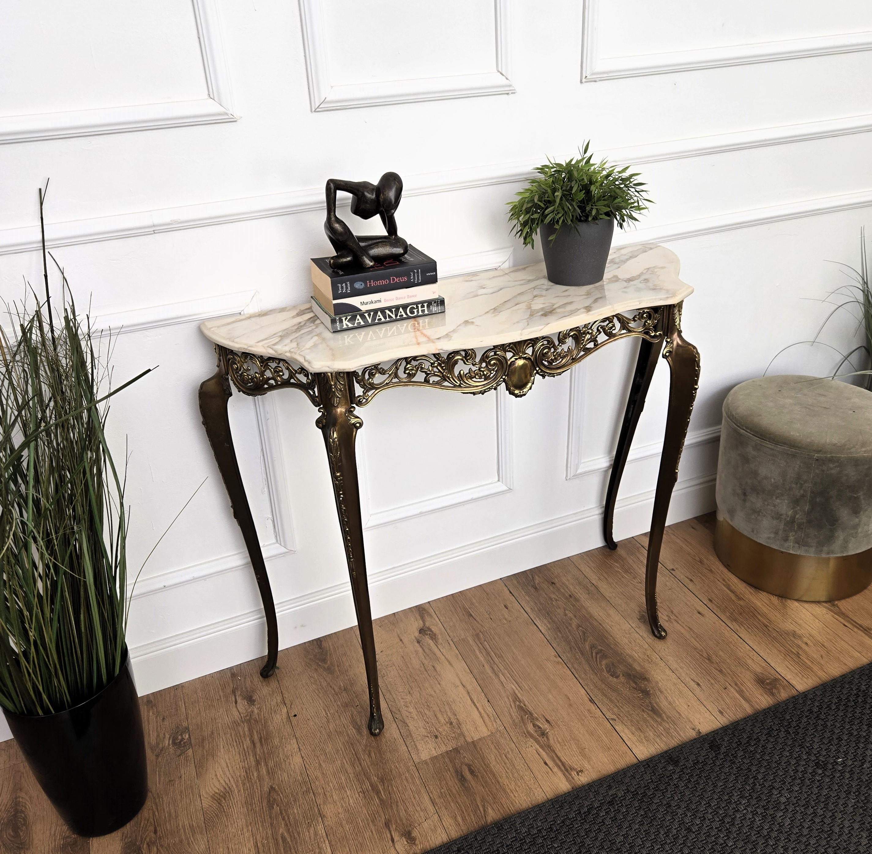 Mid-Century Modern 1950s Midcentury Italian Brass Demilune Console Table with Marble Top For Sale