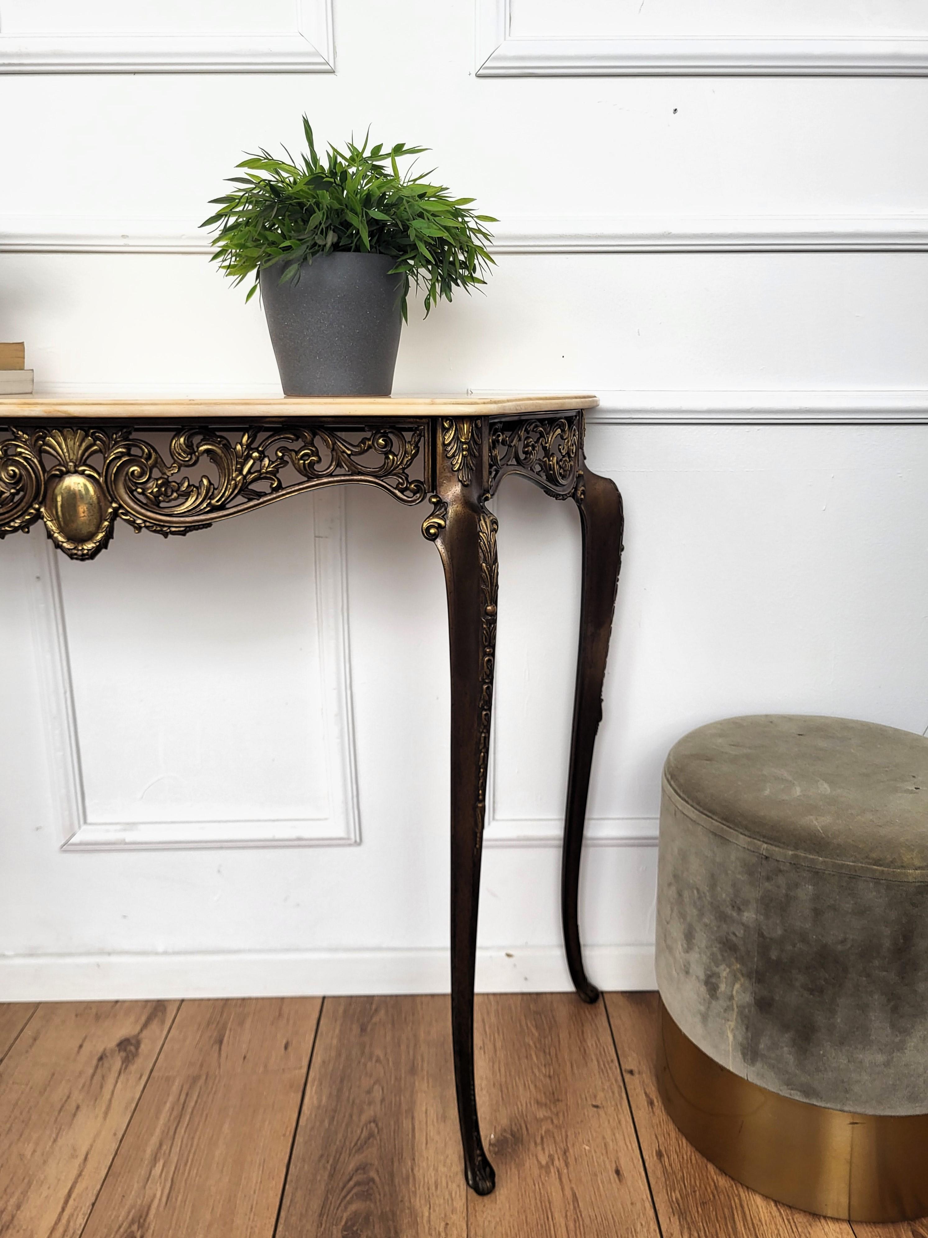 20th Century 1950s Midcentury Italian Brass Demilune Console Table with Marble Top
