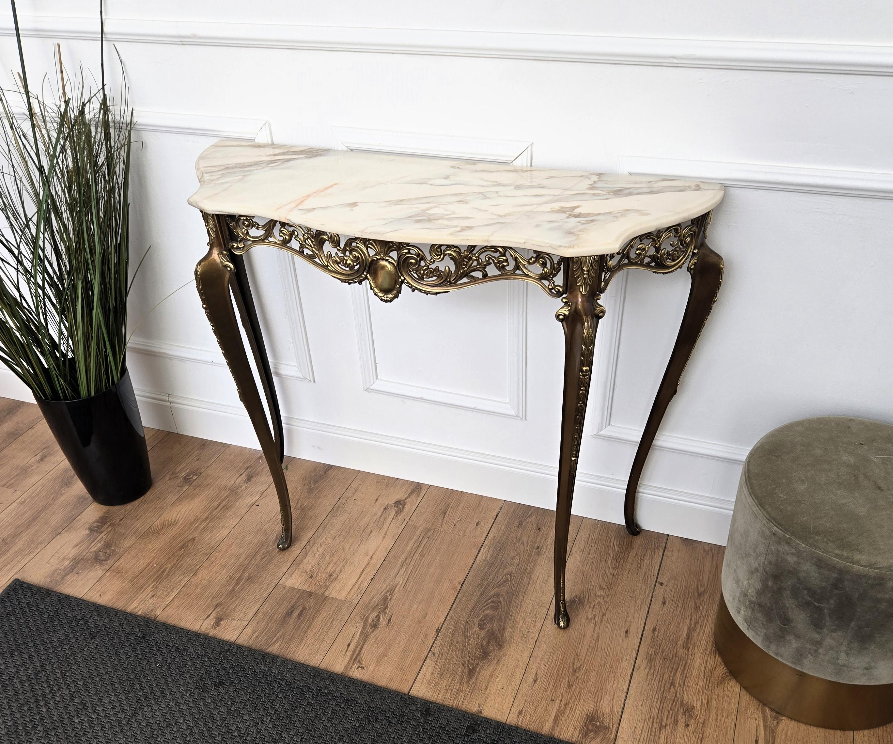 20th Century 1950s Midcentury Italian Brass Demilune Console Table with Marble Top For Sale