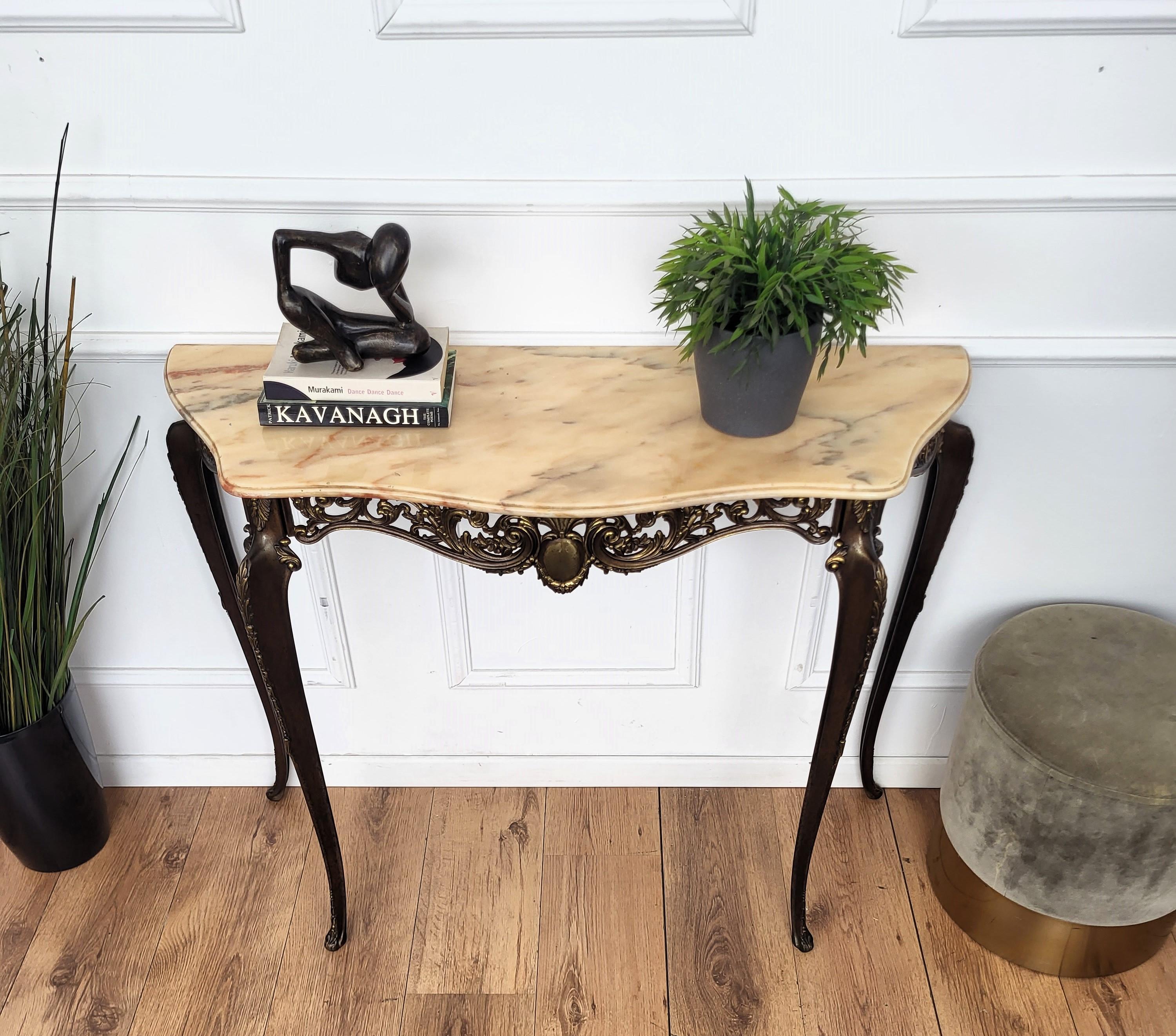 1950s Midcentury Italian Brass Demilune Console Table with Marble Top 1