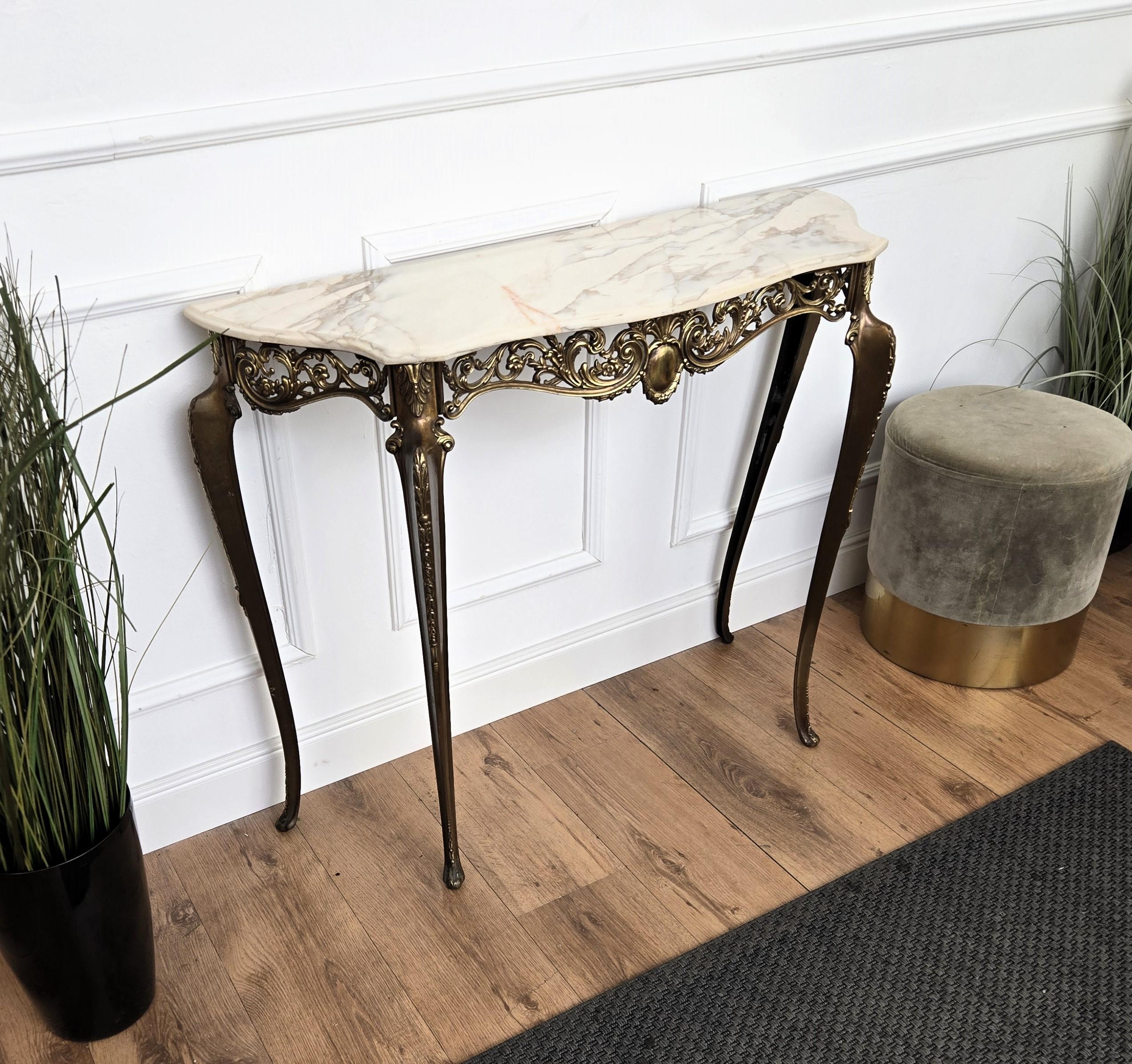 1950s Midcentury Italian Brass Demilune Console Table with Marble Top For Sale 1