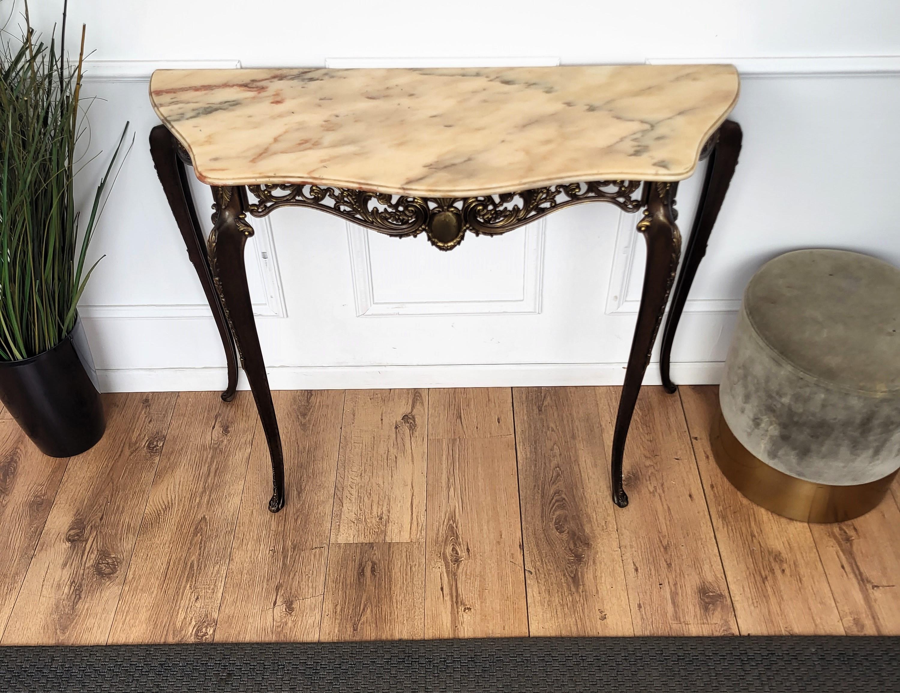1950s Midcentury Italian Brass Demilune Console Table with Marble Top 2