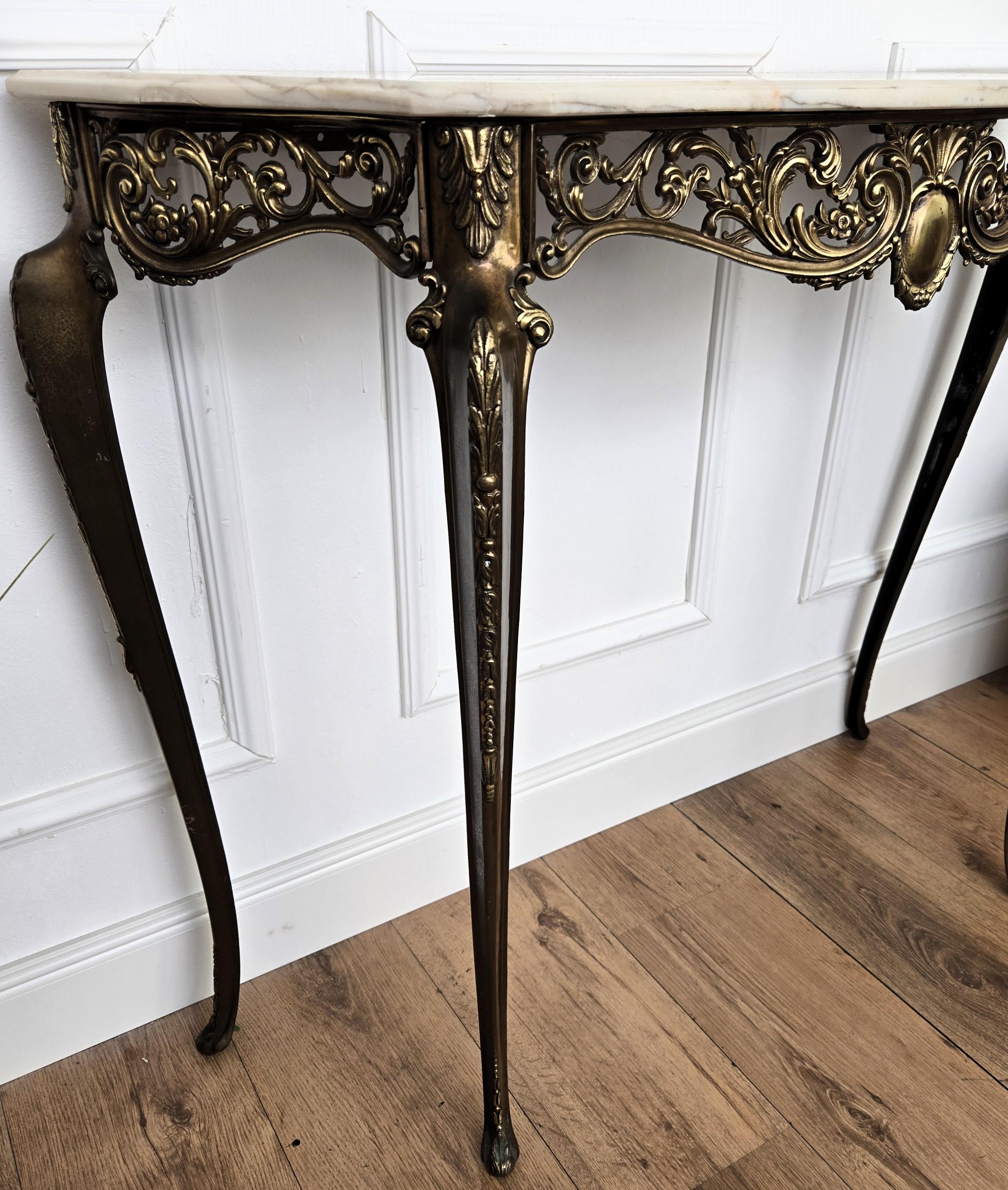 1950s Midcentury Italian Brass Demilune Console Table with Marble Top For Sale 2