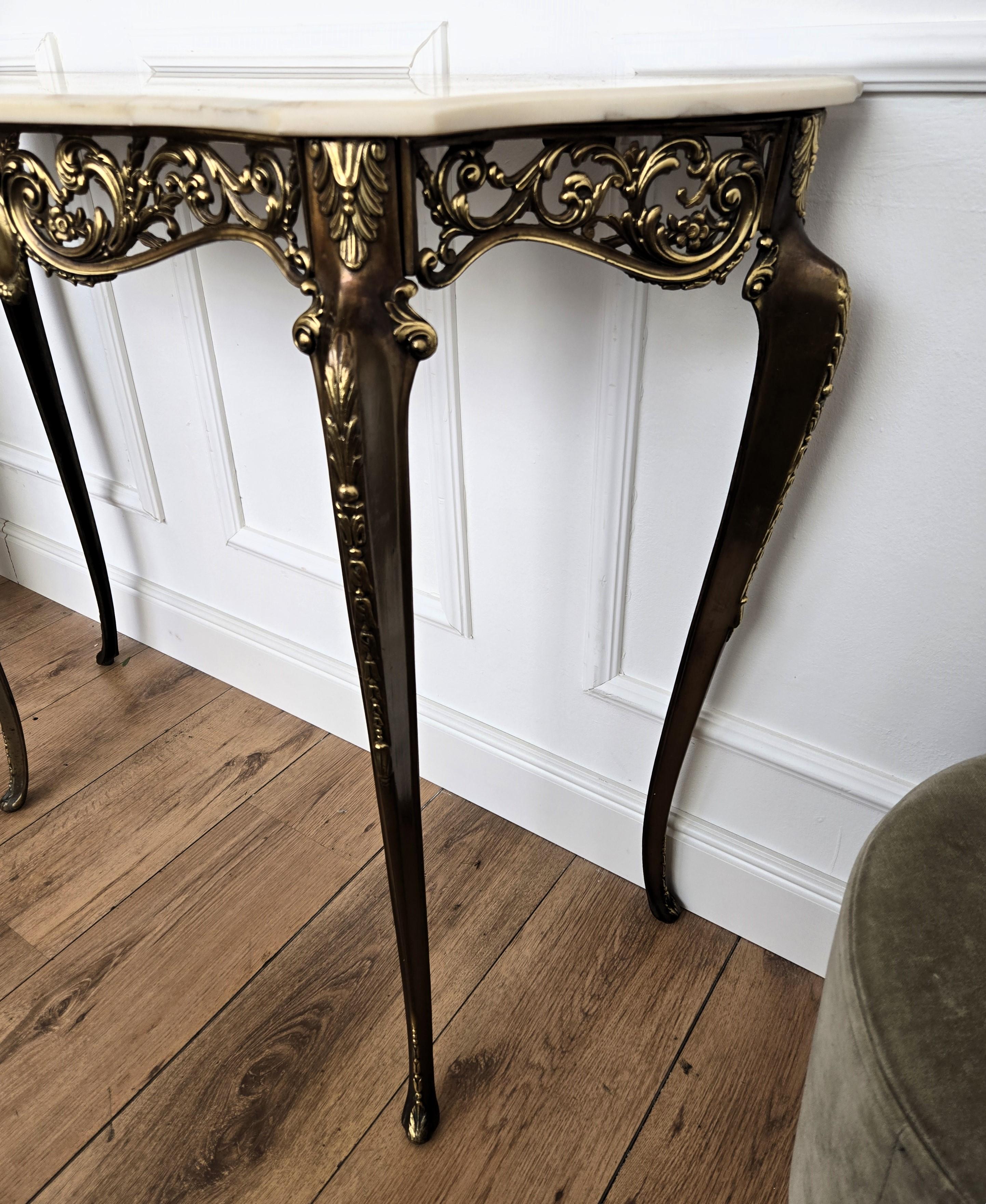 1950s Midcentury Italian Brass Demilune Console Table with Marble Top For Sale 3