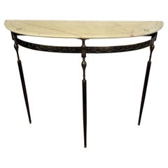 1950s Midcentury Italian Brass Demilune Console Table with Marble Top
