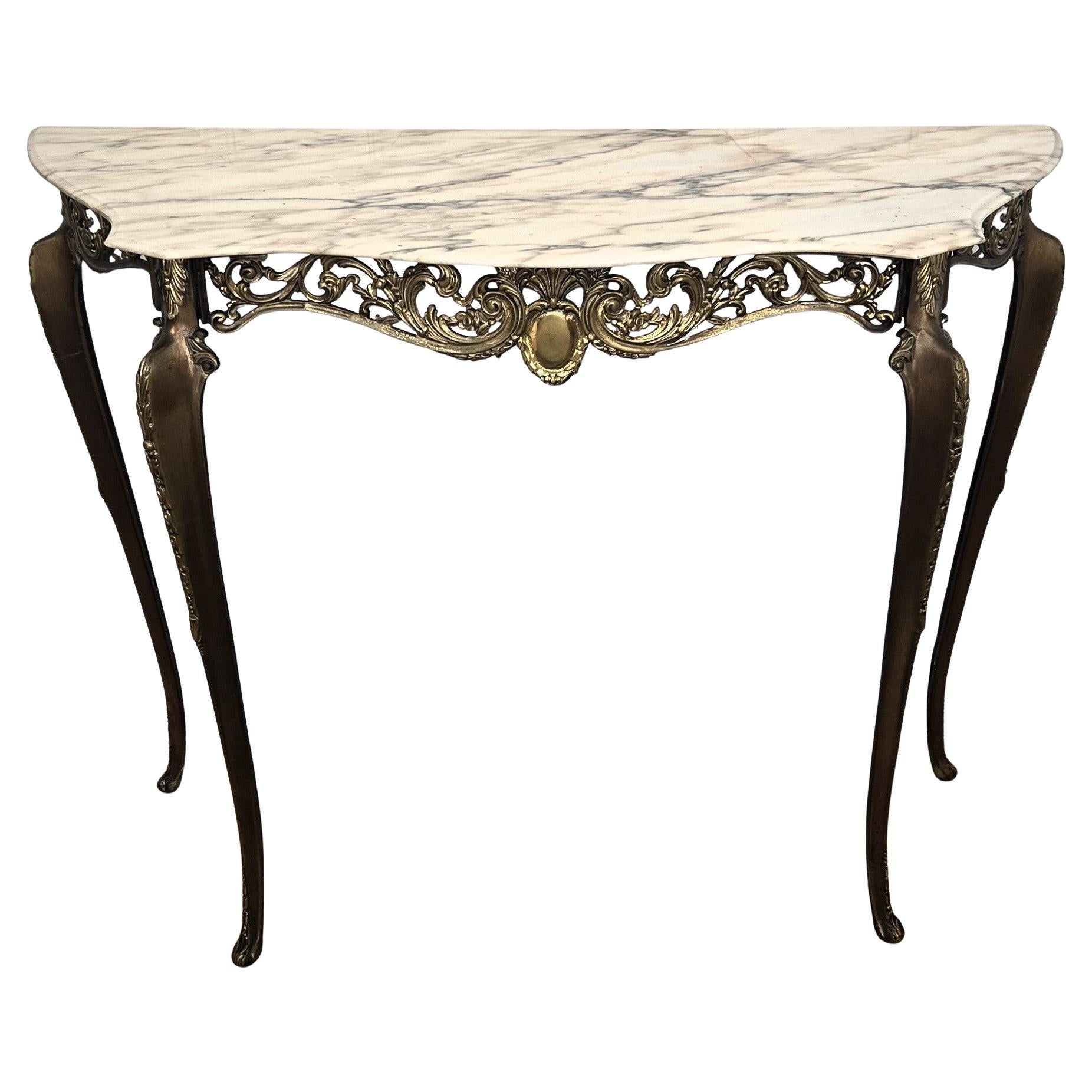 1950s Midcentury Italian Brass Demilune Console Table with Marble Top