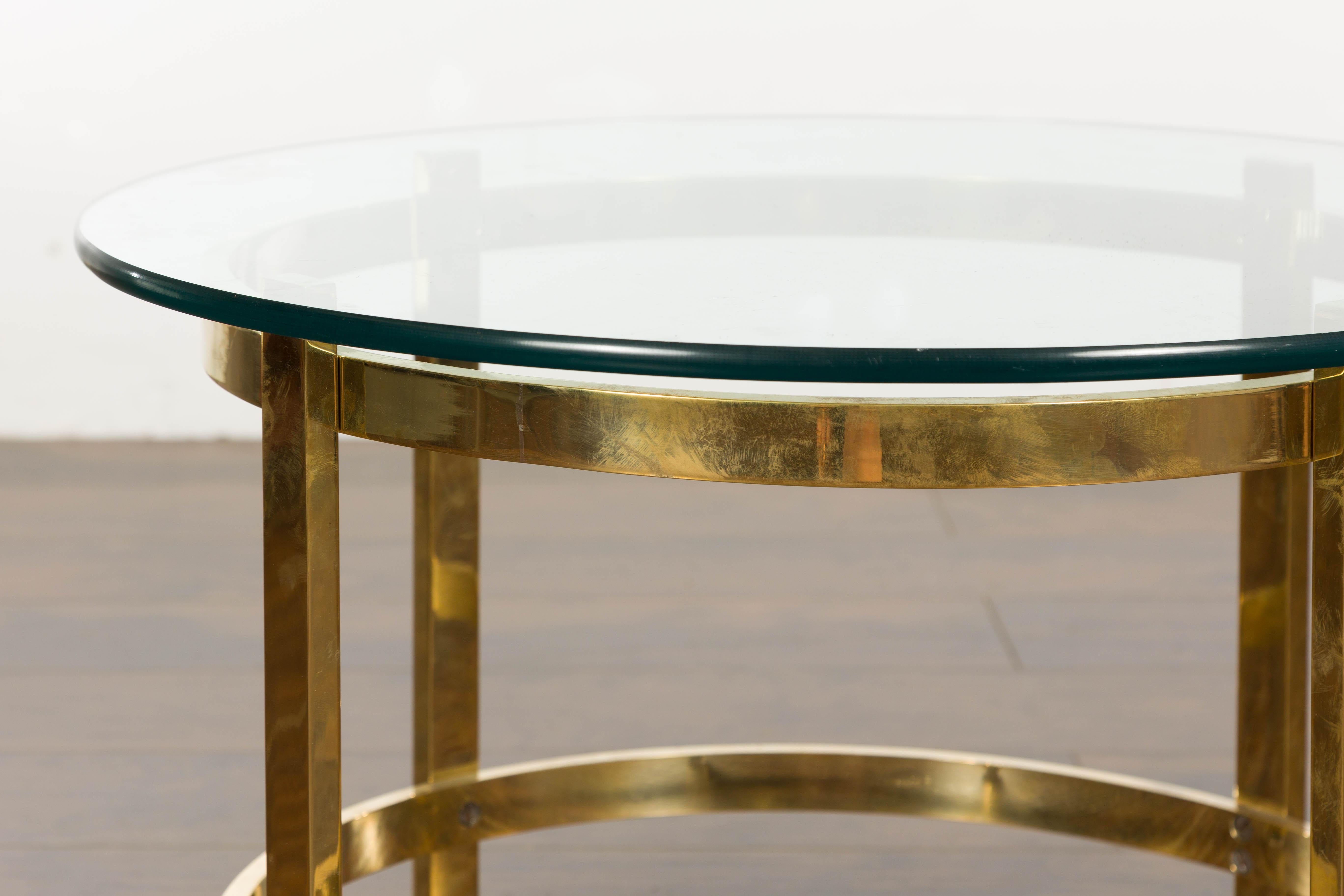 1950s Midcentury Italian Brass Side Table with Round Glass Top For Sale 5