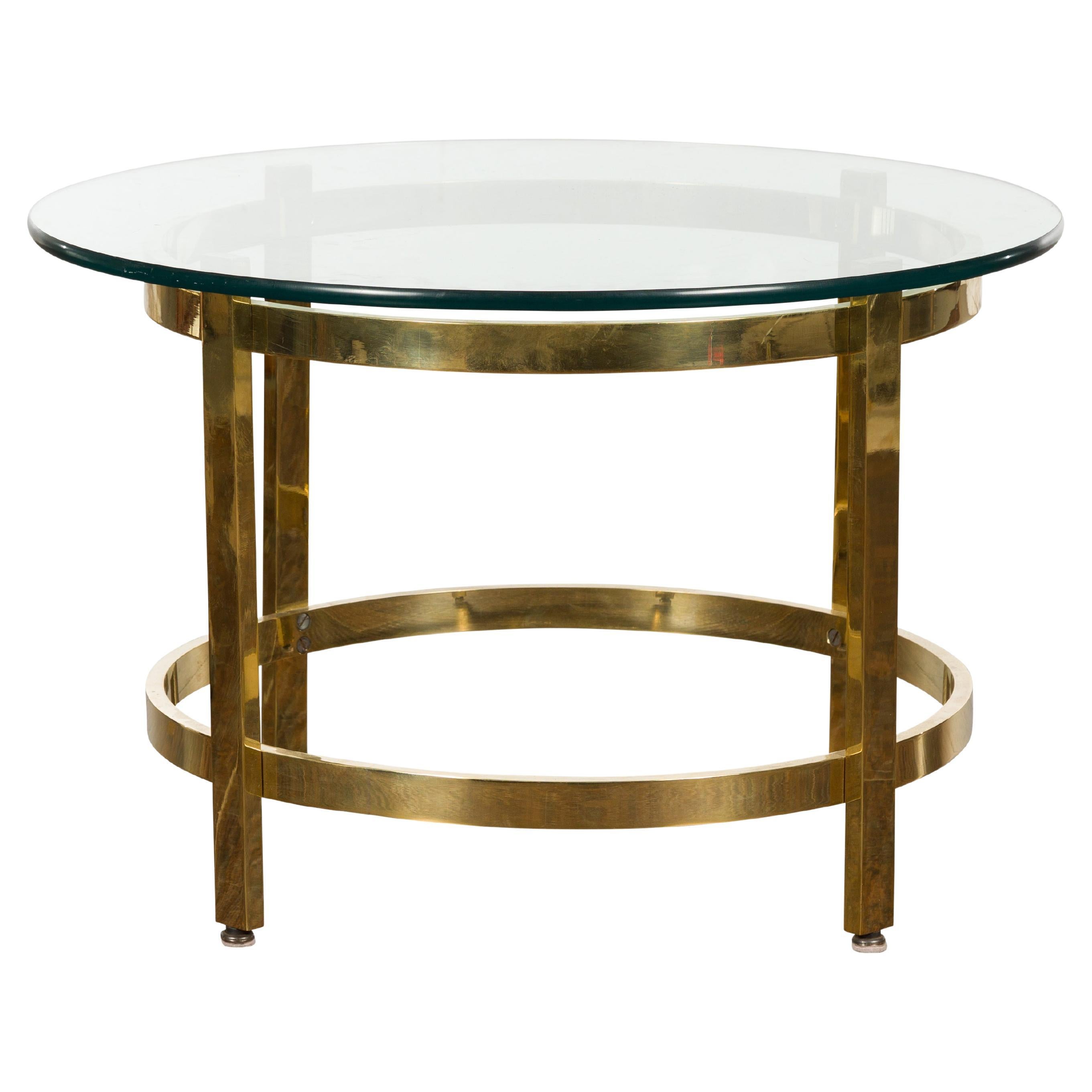 1950s Midcentury Italian Brass Side Table with Round Glass Top For Sale