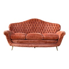 1950s Midcentury Italian Button Back Velvet Sofa with Tapered Bronze Legs
